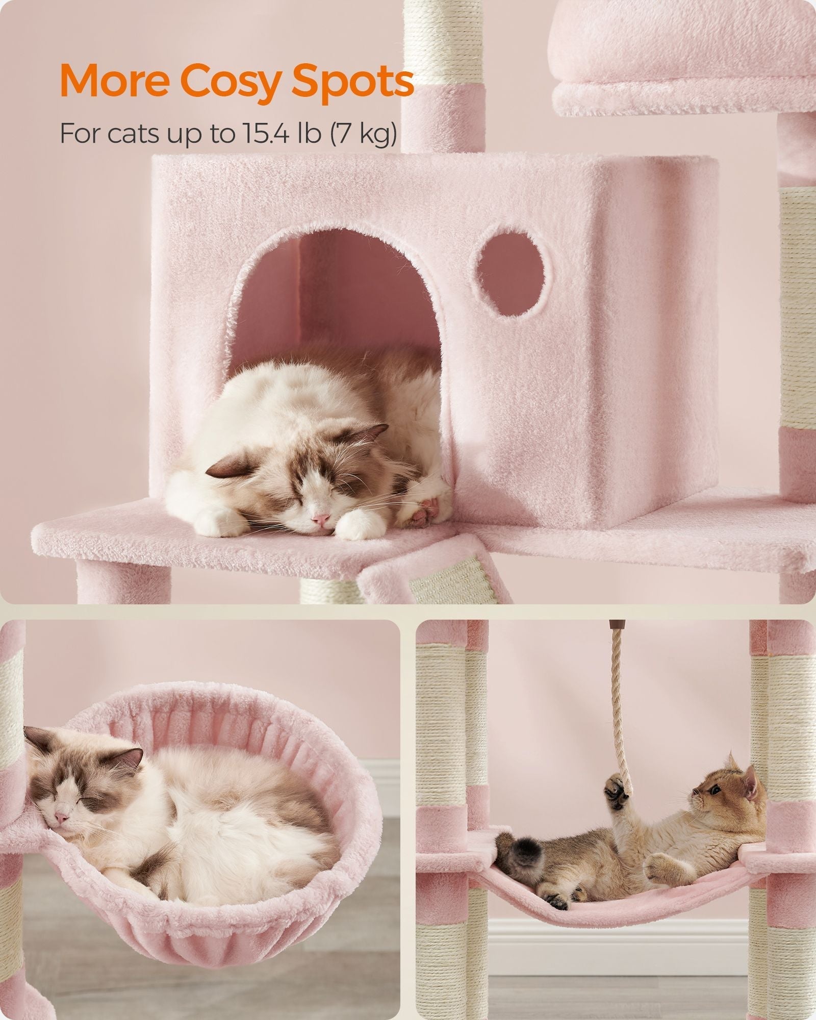 Large Multi-Level Cat Tree - Wood - Jelly Pink - 206 cm Tall with 13 Scratching Posts