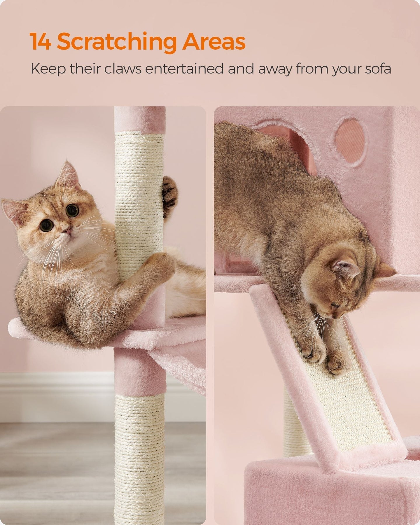 Large Multi-Level Cat Tree - Wood - Jelly Pink - 206 cm Tall with 13 Scratching Posts