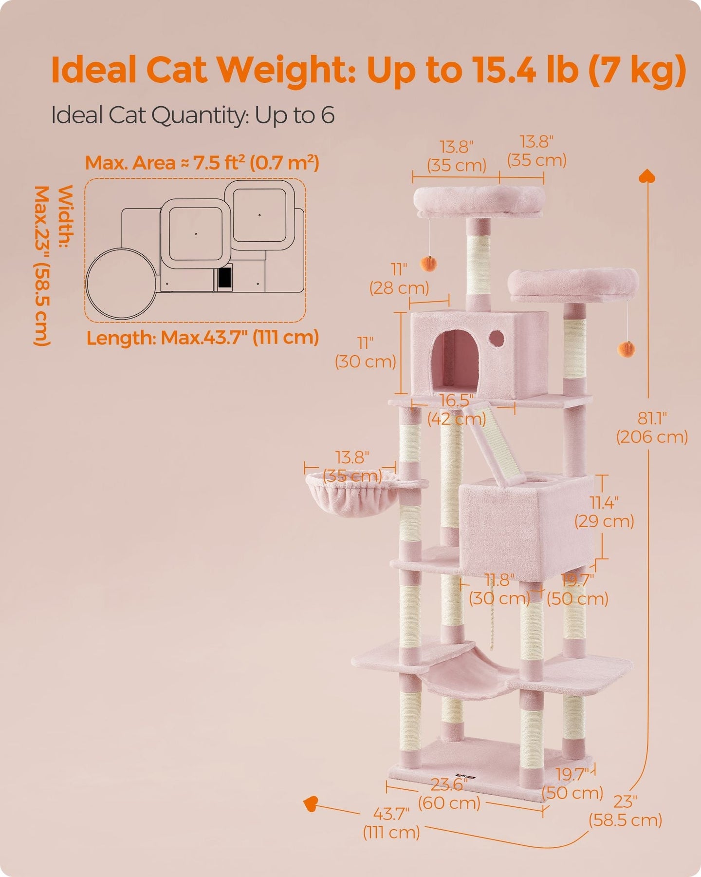 Large Multi-Level Cat Tree - Wood - Jelly Pink - 206 cm Tall with 13 Scratching Posts
