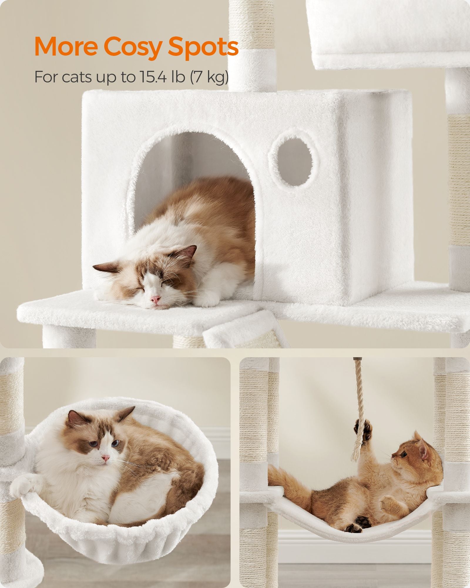 Large Multi-Level Cat Tree - 13 Scratching Posts - Plywood - Cream White