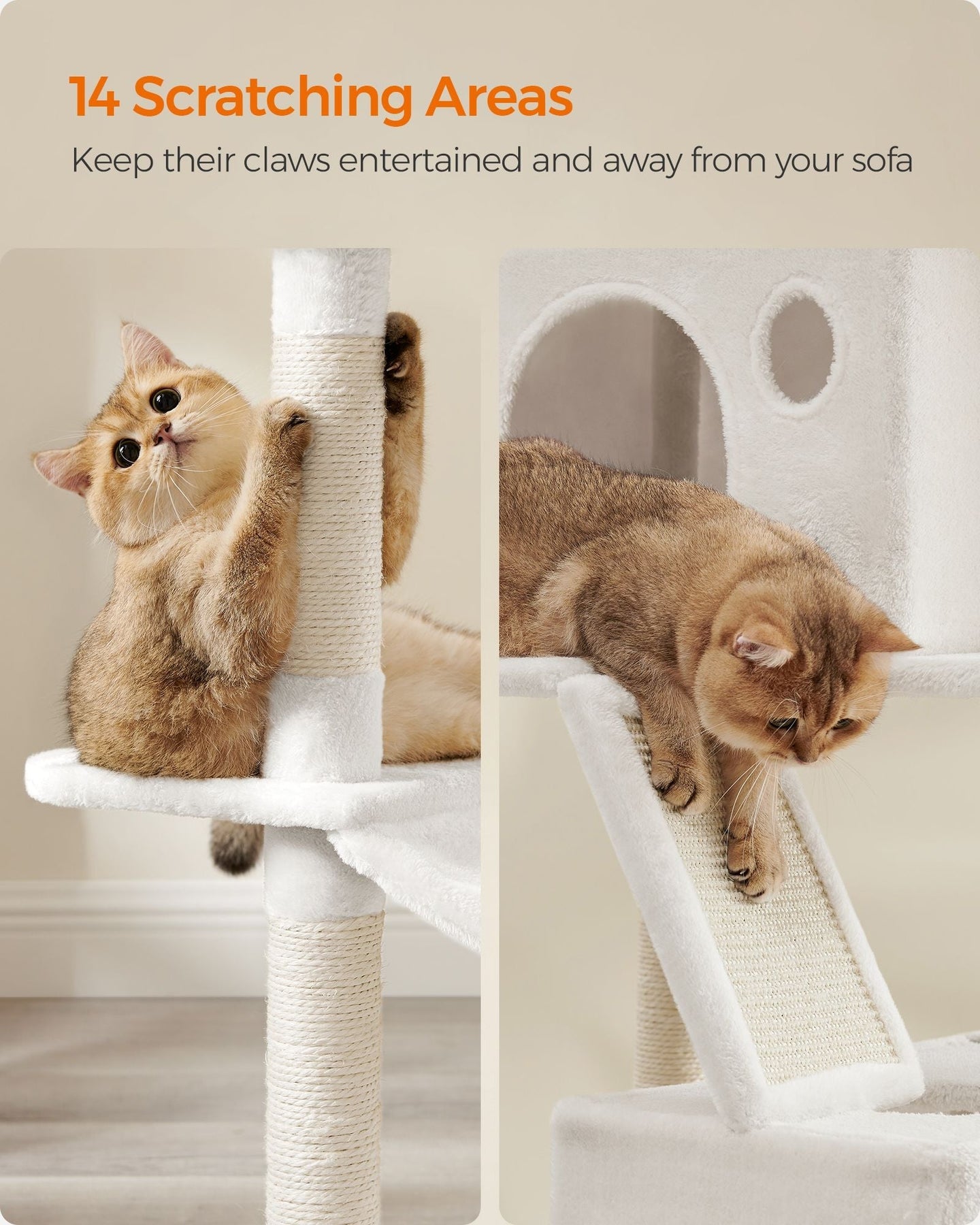 Large Multi-Level Cat Tree - 13 Scratching Posts - Plywood - Cream White