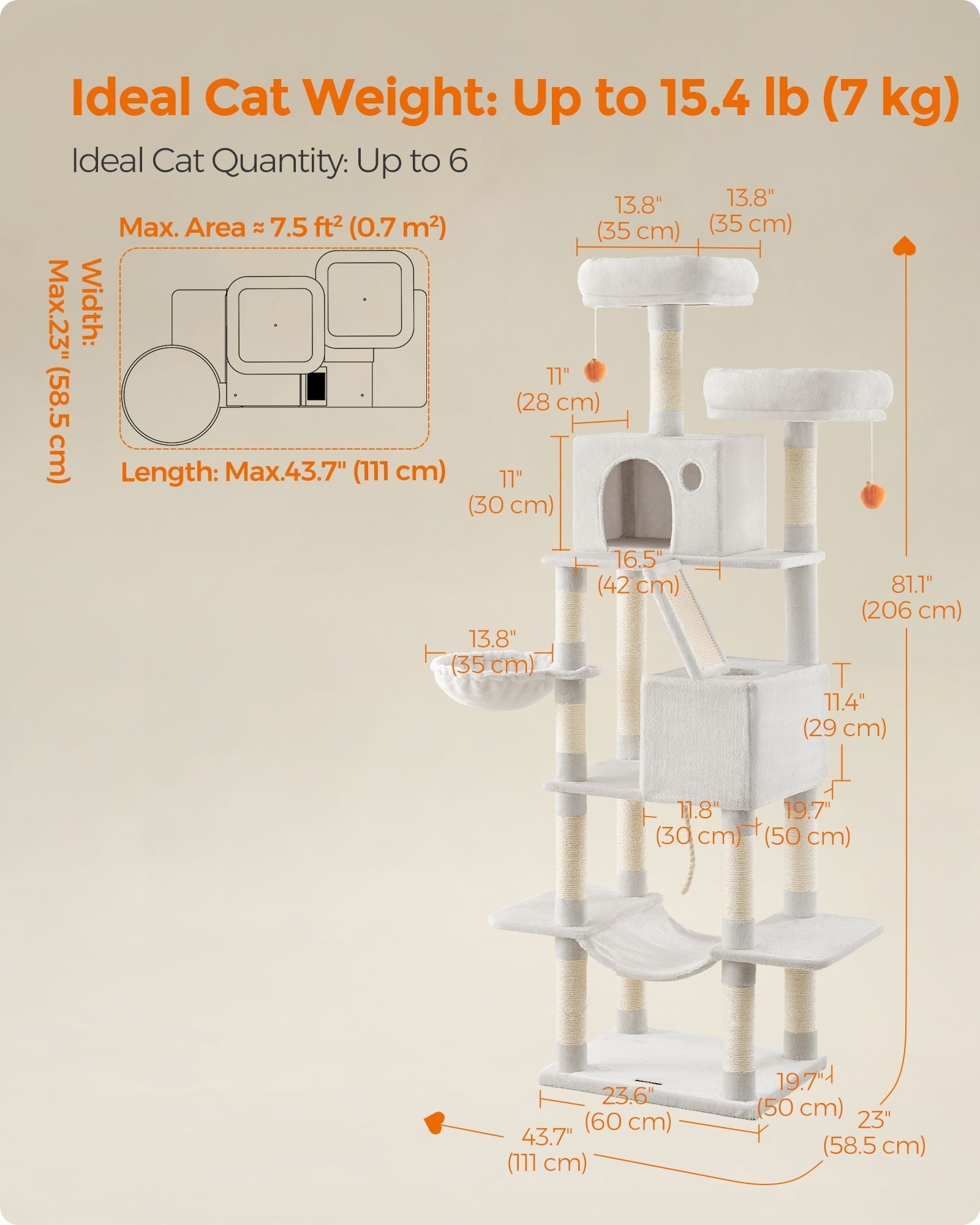 Large Multi-Level Cat Tree - 13 Scratching Posts - Plywood - Cream White