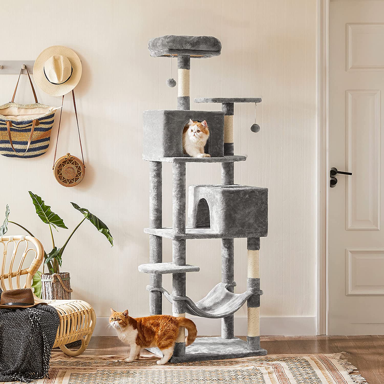 Tall Cat Tree Condo - Engineered Wood - Light Grey - Multi-Level Design with Scratching Posts