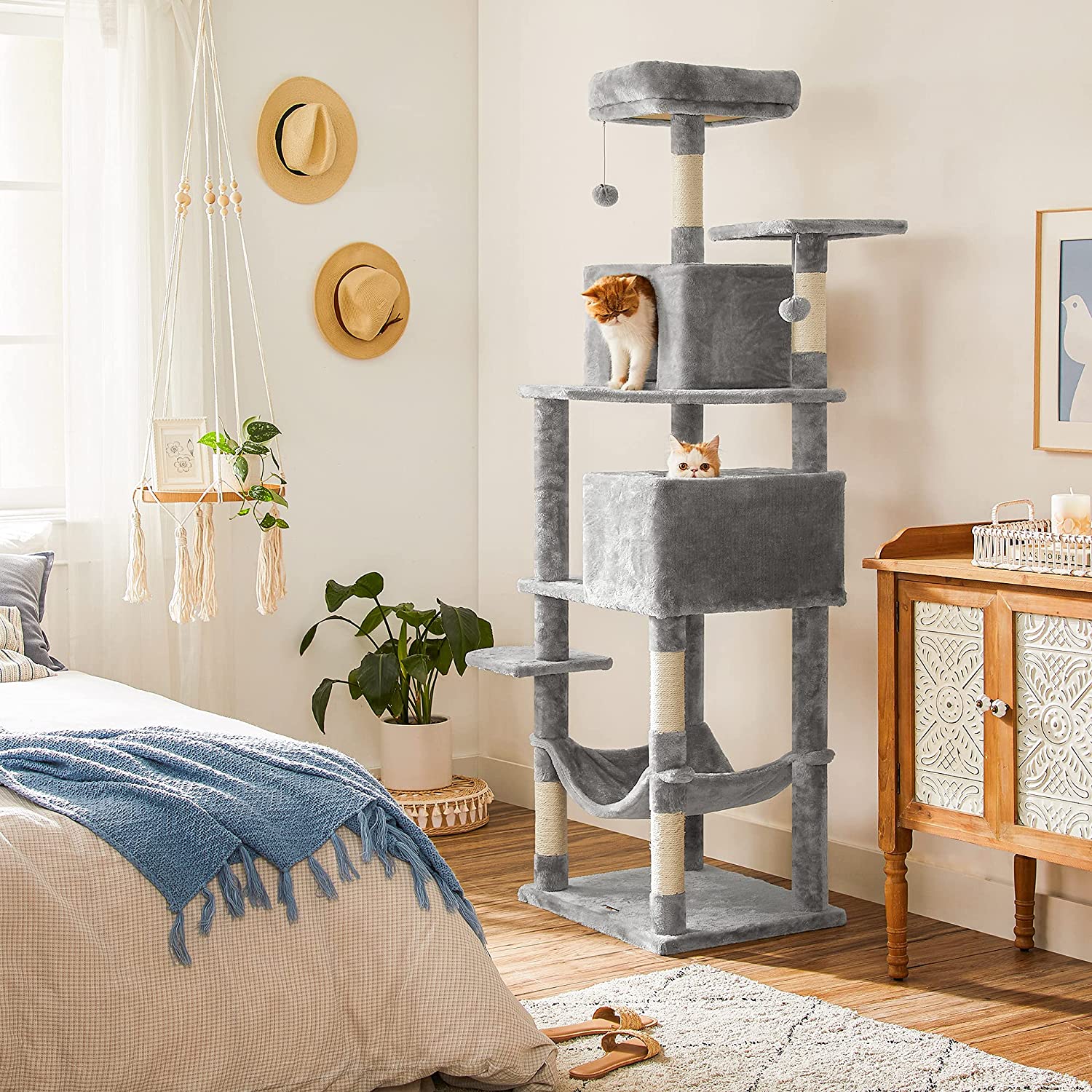 Tall Cat Tree Condo - Engineered Wood - Light Grey - Multi-Level Design with Scratching Posts