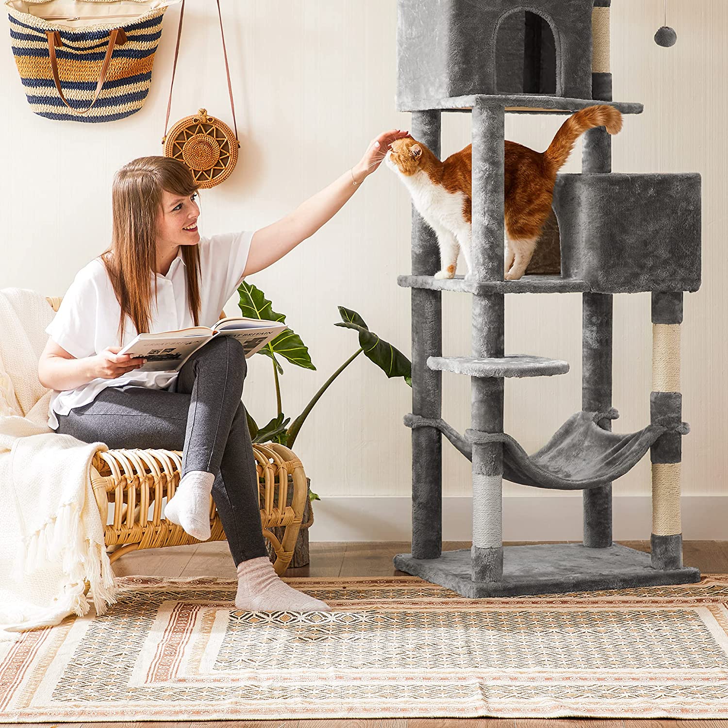 Tall Cat Tree Condo - Engineered Wood - Light Grey - Multi-Level Design with Scratching Posts