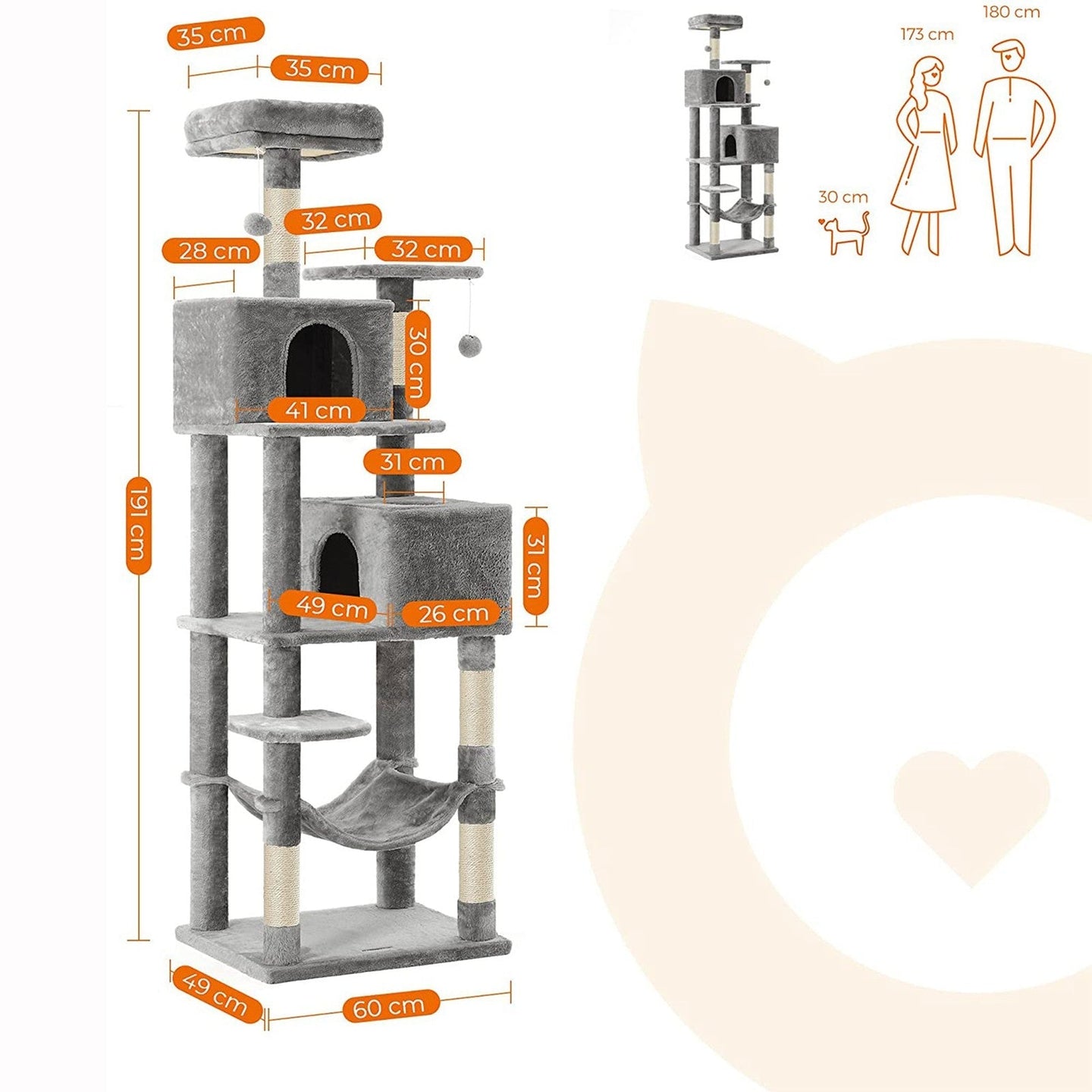 Tall Cat Tree Condo - Engineered Wood - Light Grey - Multi-Level Design with Scratching Posts