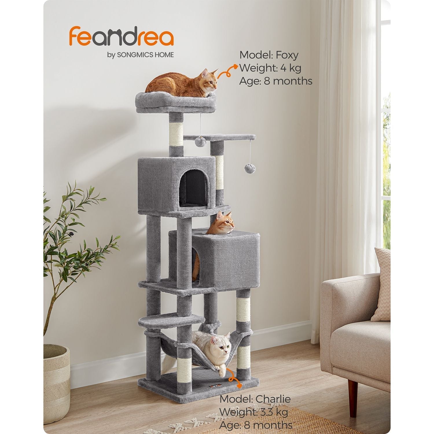 Cat Tree - Engineered Wood - Light Grey - 155 cm with Scratching Posts