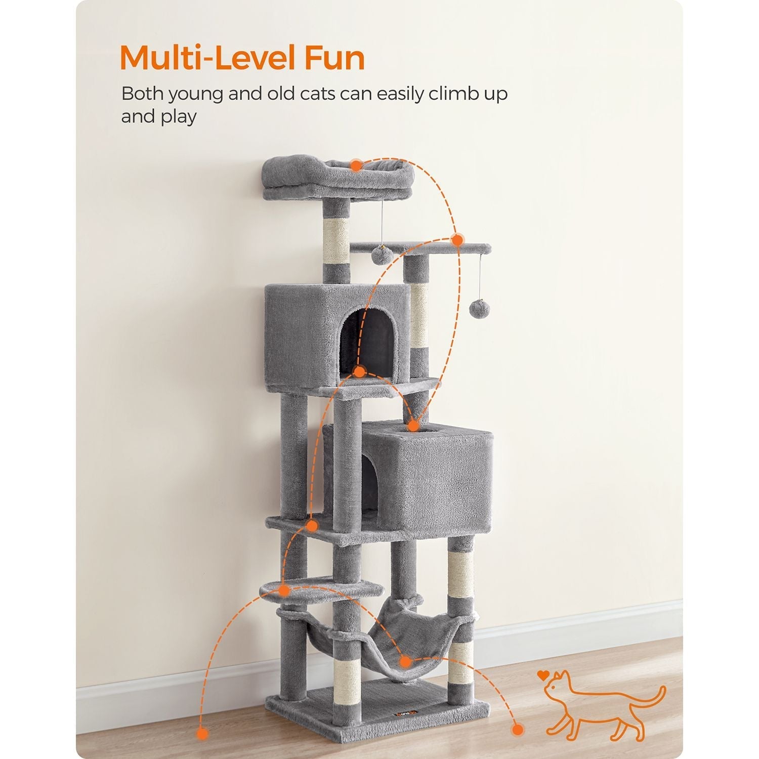 Cat Tree - Engineered Wood - Light Grey - 155 cm with Scratching Posts