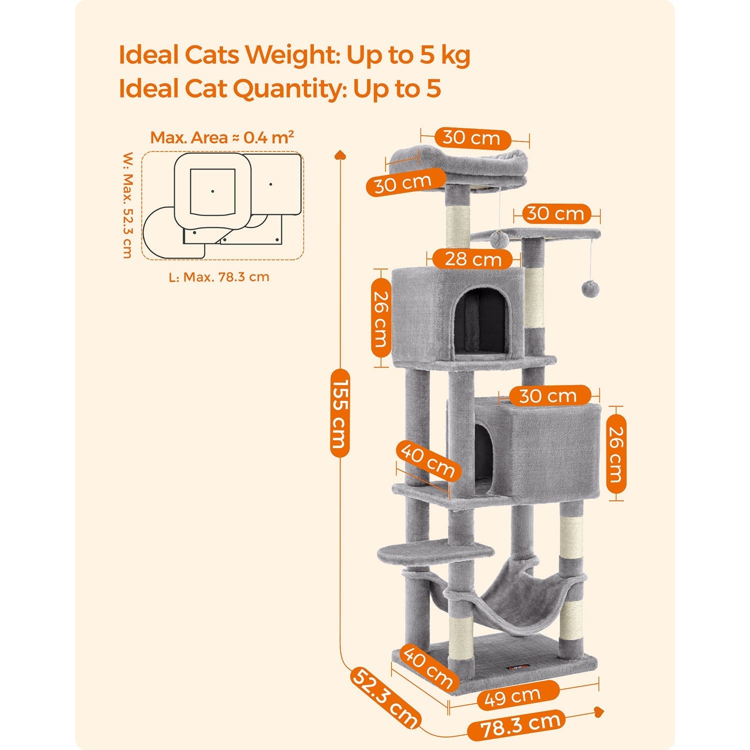 Cat Tree - Engineered Wood - Light Grey - 155 cm with Scratching Posts