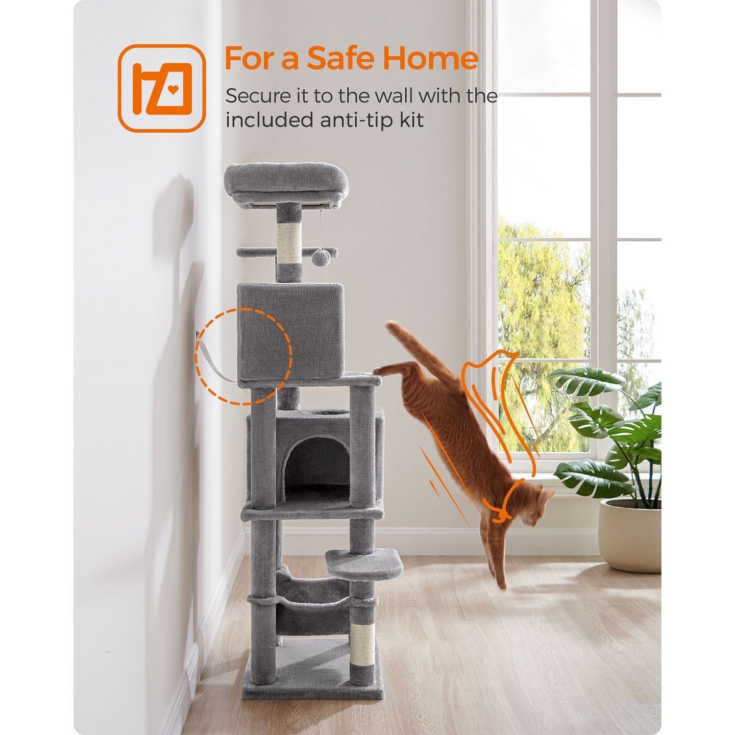 Cat Tree - Engineered Wood - Light Grey - 155 cm with Scratching Posts