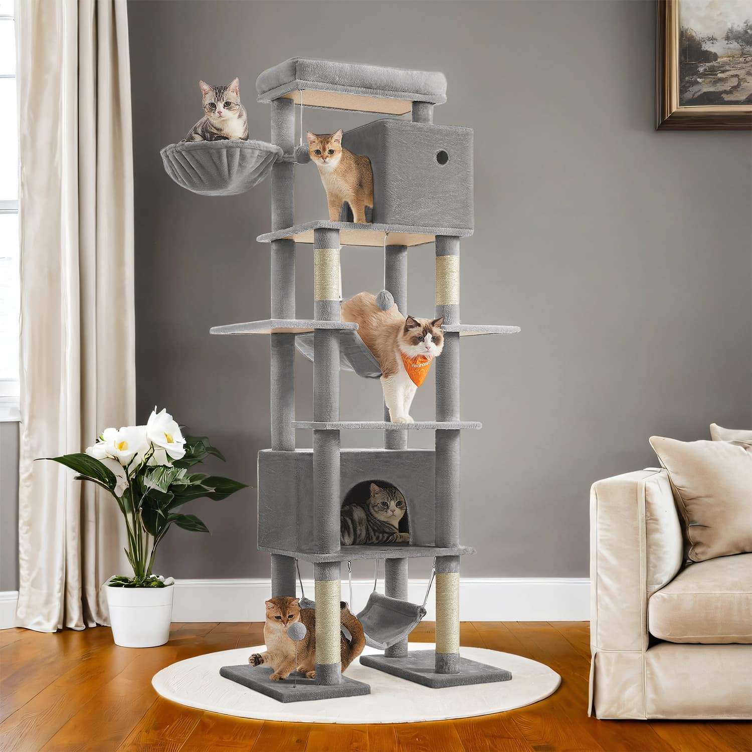 Cat Tower - Engineered Wood - Beige - Multi-Level with Scratching Posts and Hammocks