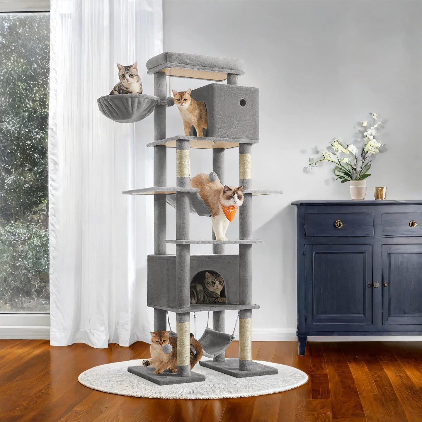 Cat Tower - Engineered Wood - Beige - Multi-Level with Scratching Posts and Hammocks