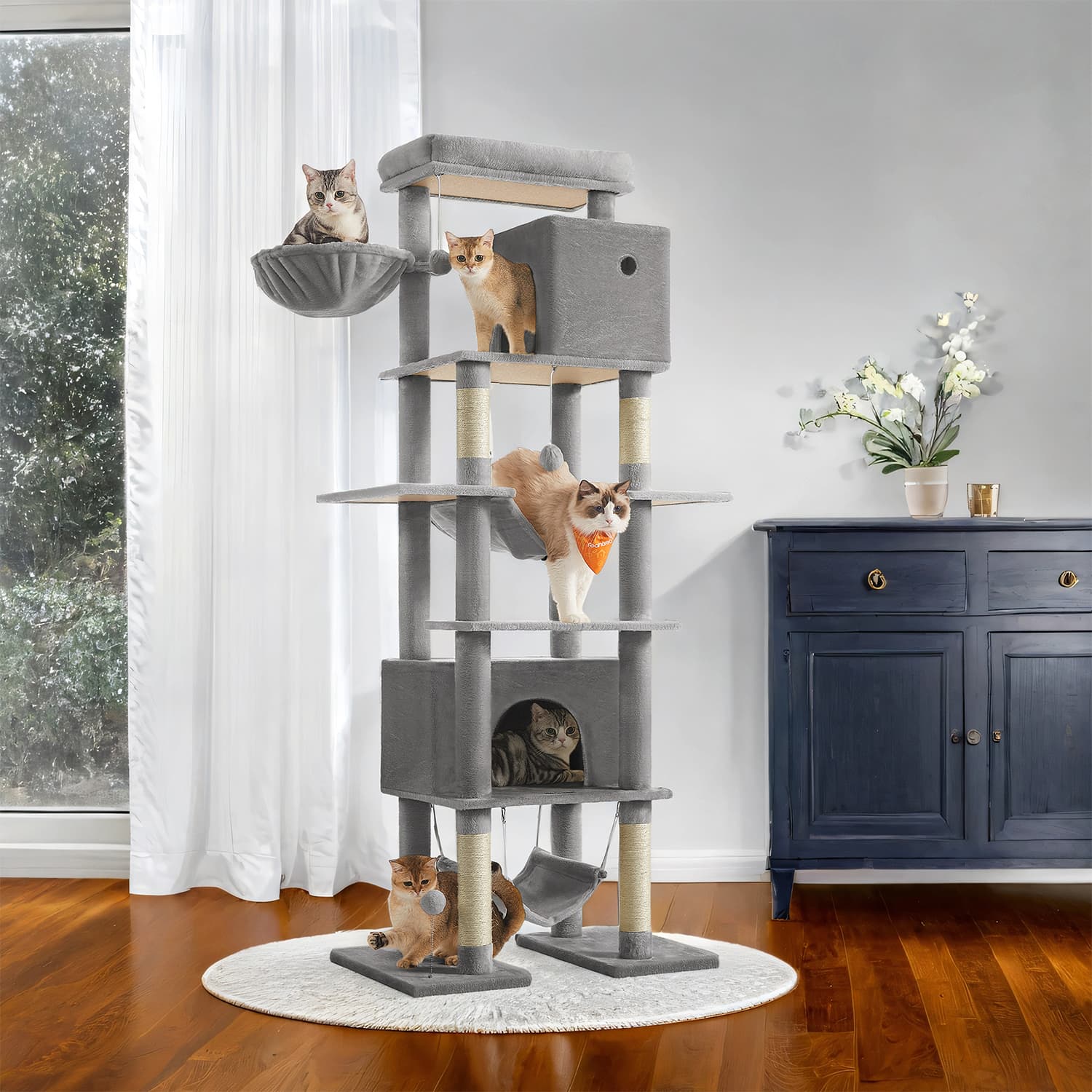 Cat Tower - Engineered Wood - Beige - Multi-Level with Scratching Posts and Hammocks
