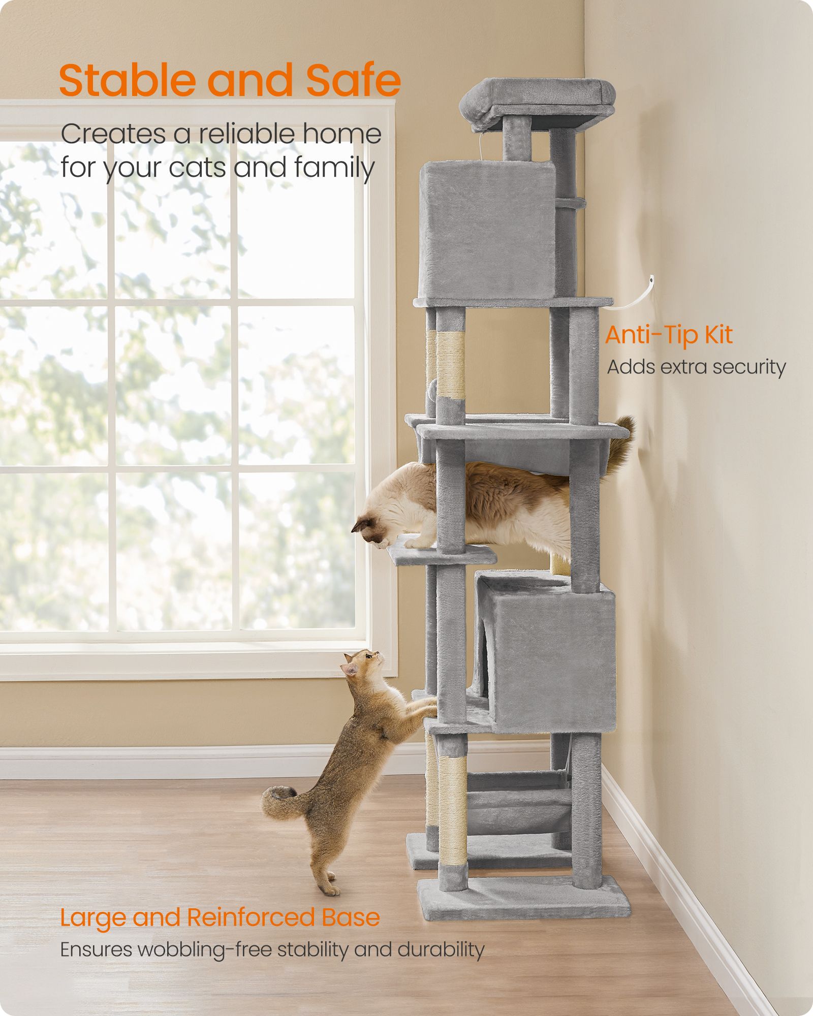 Cat Tree - Engineered Wood - Light Grey - XXL Large with Multi-Level Design and Scratching Posts