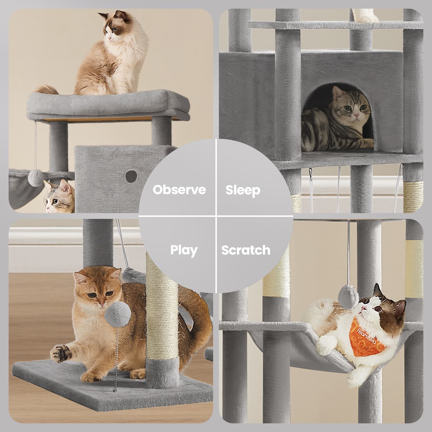 Cat Tower - Engineered Wood - Beige - Multi-Level with Scratching Posts and Hammocks