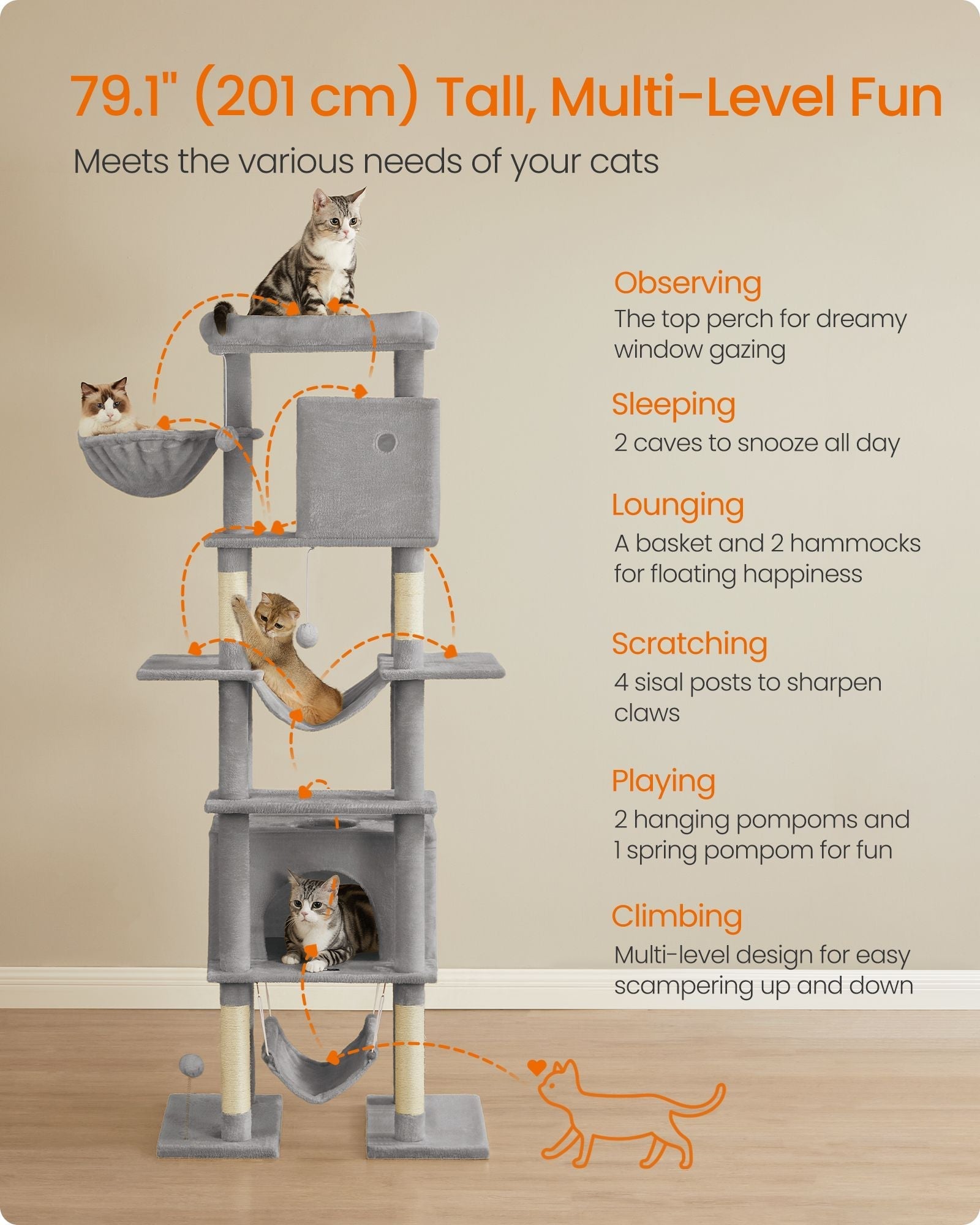 Cat Tree - Engineered Wood - Light Grey - XXL Large with Multi-Level Design and Scratching Posts