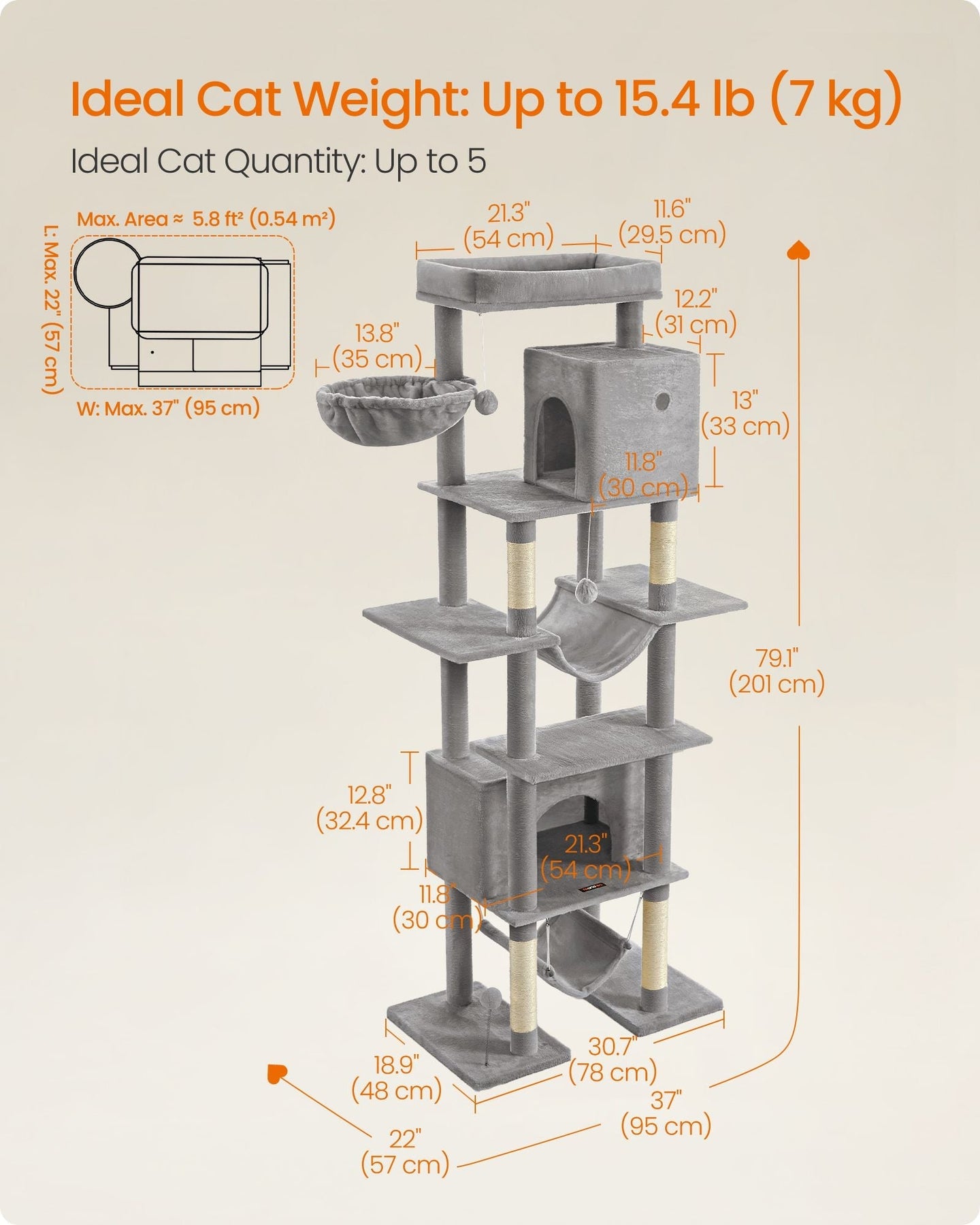 Cat Tree - Engineered Wood - Light Grey - XXL Large with Multi-Level Design and Scratching Posts