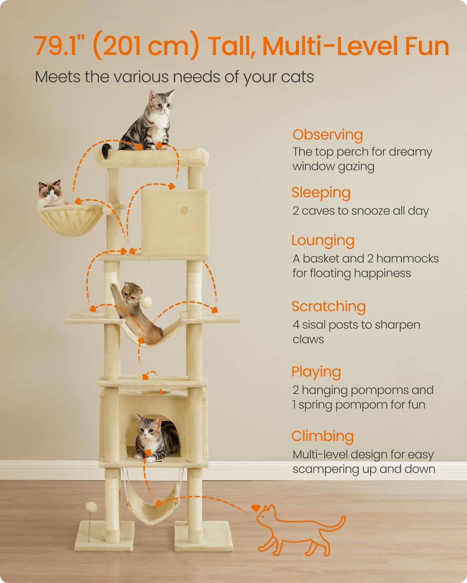 Cat Tree - Engineered Wood - Light Grey - XXL Large with Multi-Level Design and Scratching Posts