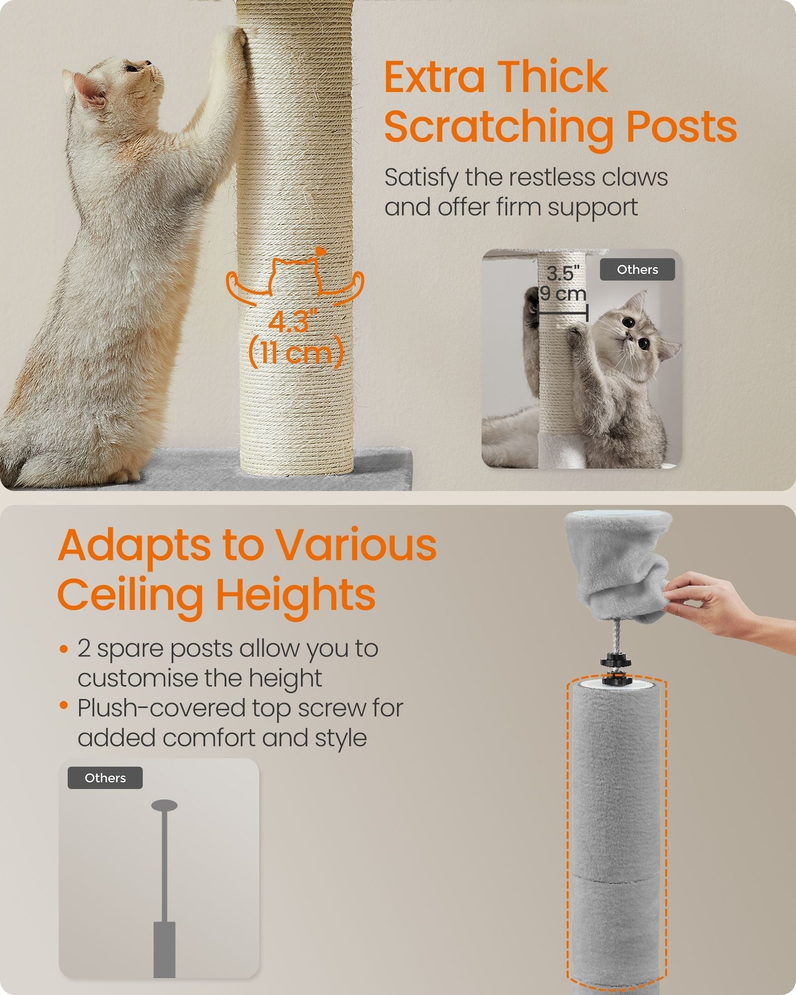 Cat Tree - Engineered Wood - Light Grey - Height Adjustable Multi-Level Condo with Scratching Posts