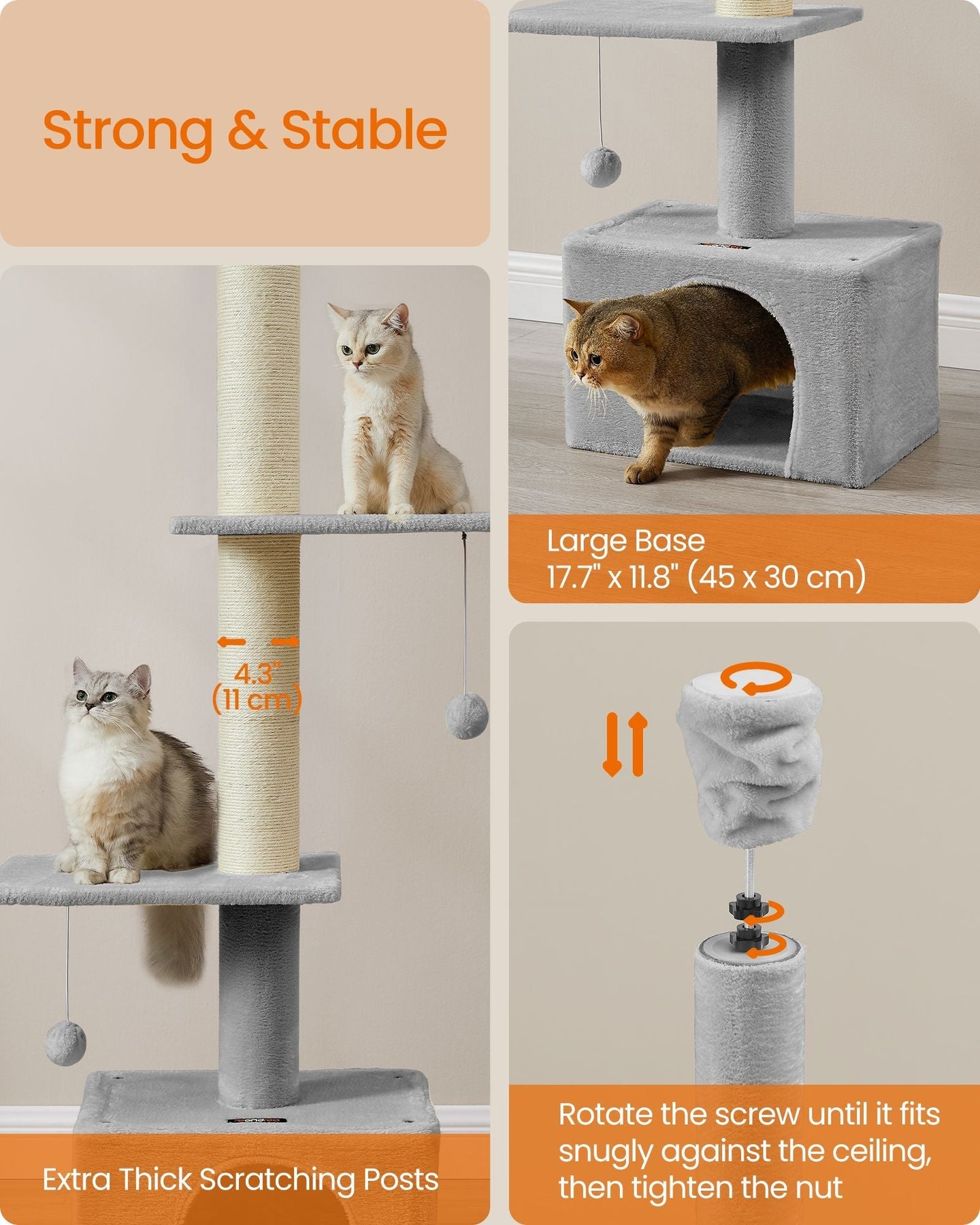 Cat Tree - Engineered Wood - Light Grey - Height Adjustable Multi-Level Condo with Scratching Posts