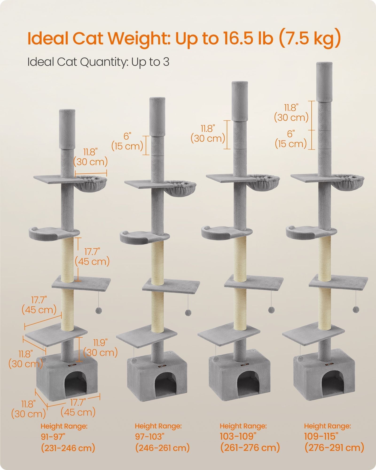 Cat Tree - Engineered Wood - Light Grey - Height Adjustable Multi-Level Condo with Scratching Posts