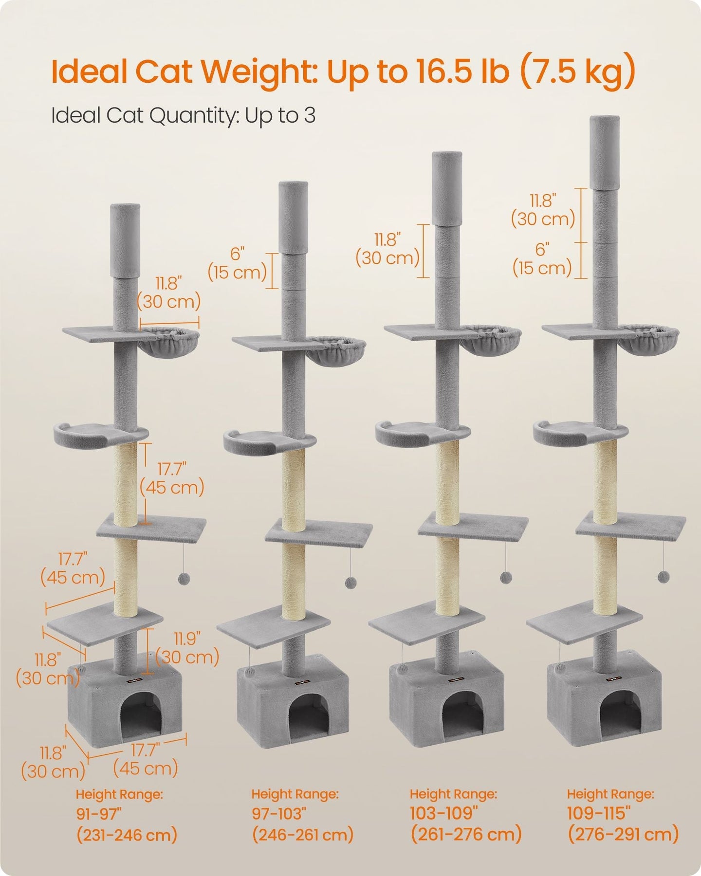 Cat Tree - Engineered Wood - Light Grey - Height Adjustable Multi-Level Condo with Scratching Posts