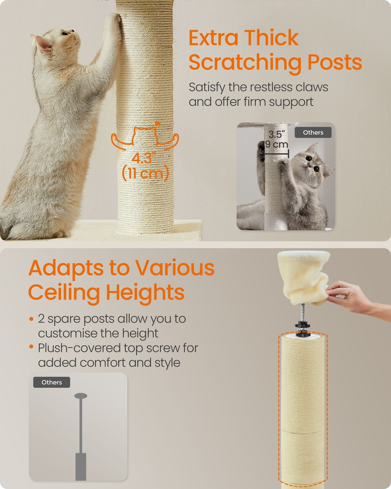 Floor to Ceiling Cat Tree - Engineered Wood - Beige - Height Adjustable with Multi-Level Design and Integrated Scratching Posts