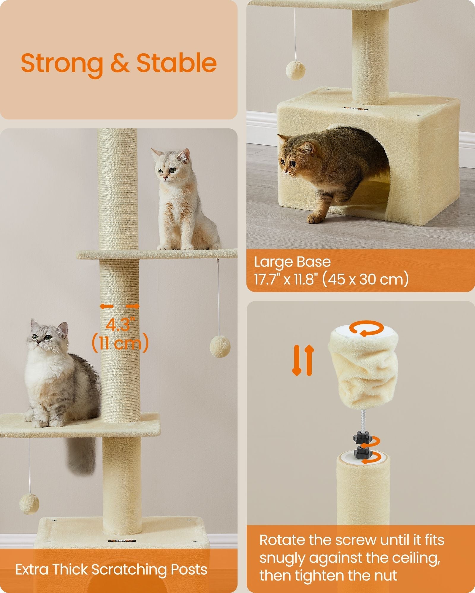 Floor to Ceiling Cat Tree - Engineered Wood - Beige - Height Adjustable with Multi-Level Design and Integrated Scratching Posts