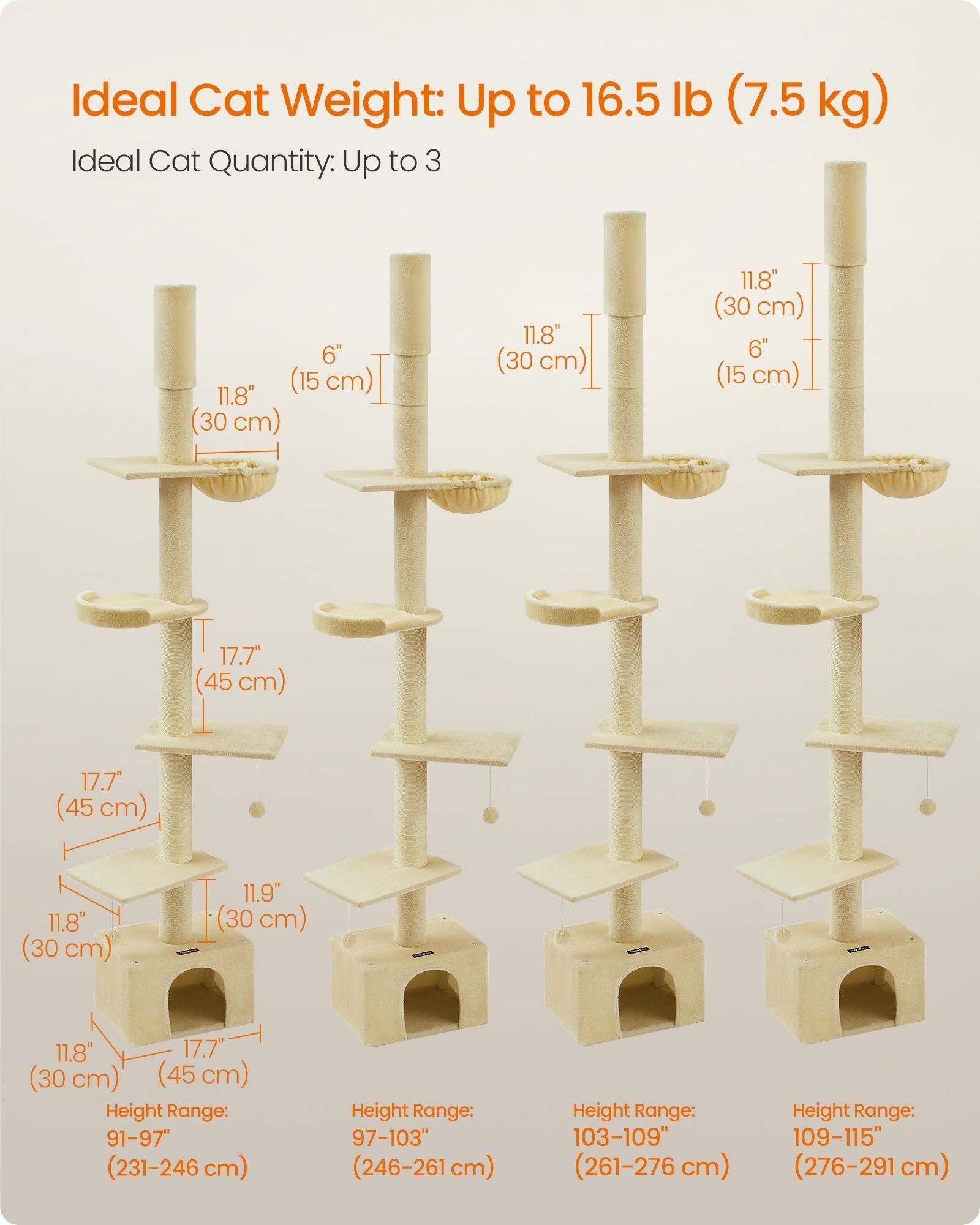Floor to Ceiling Cat Tree - Engineered Wood - Beige - Height Adjustable with Multi-Level Design and Integrated Scratching Posts