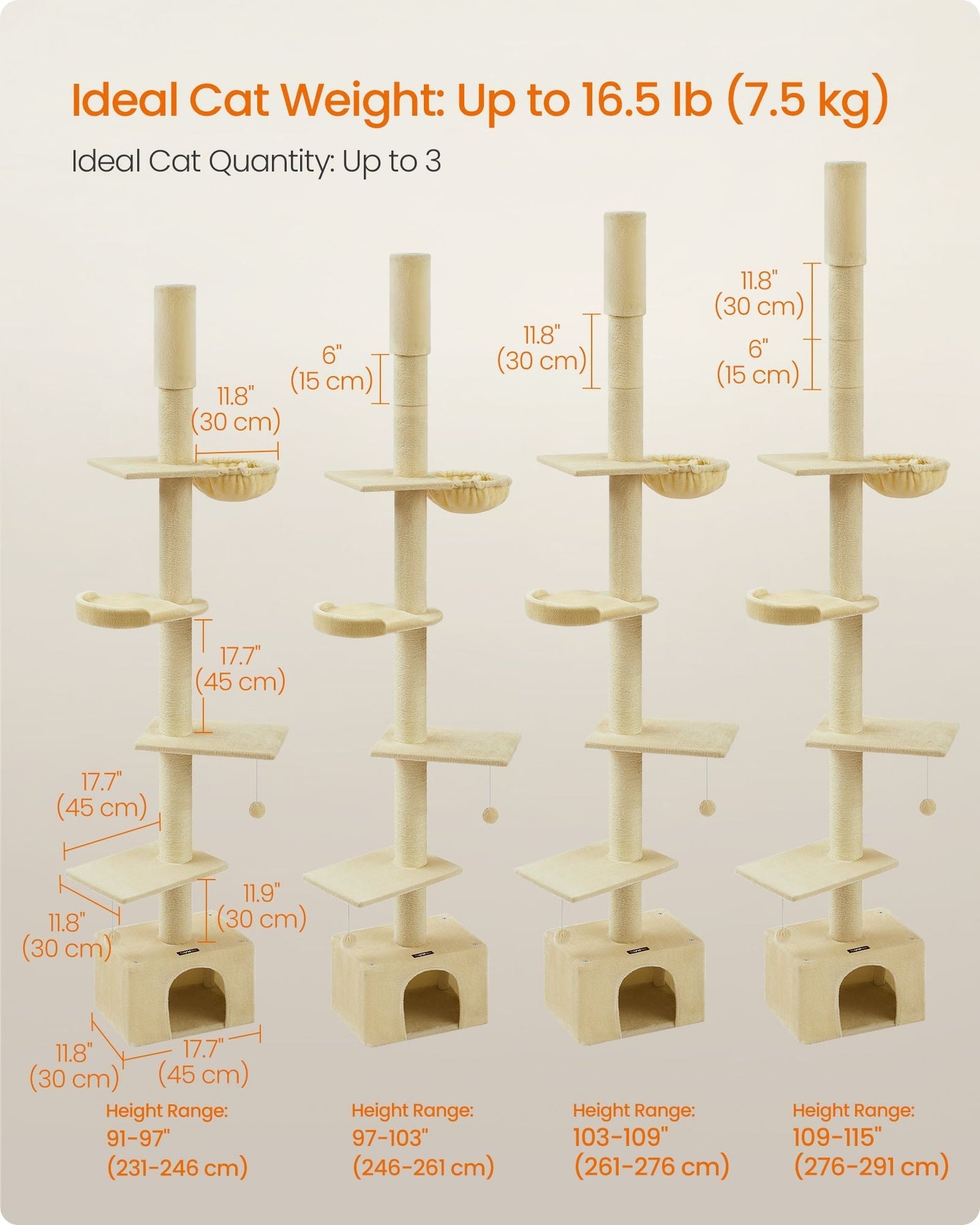 Floor to Ceiling Cat Tree - Engineered Wood - Beige - Height Adjustable with Multi-Level Design and Integrated Scratching Posts