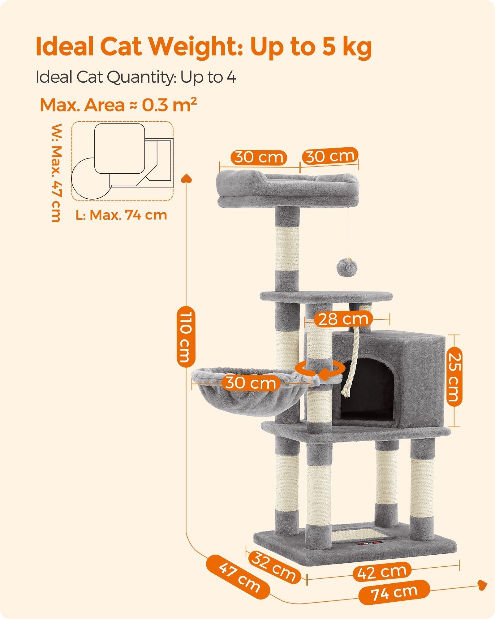Cat Tower - Wood - Light Grey - 110 cm Height for Indoor Cats