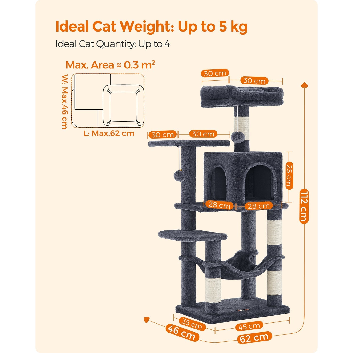 Cat Tree - Plywood - Smoky Grey - Includes Hammock