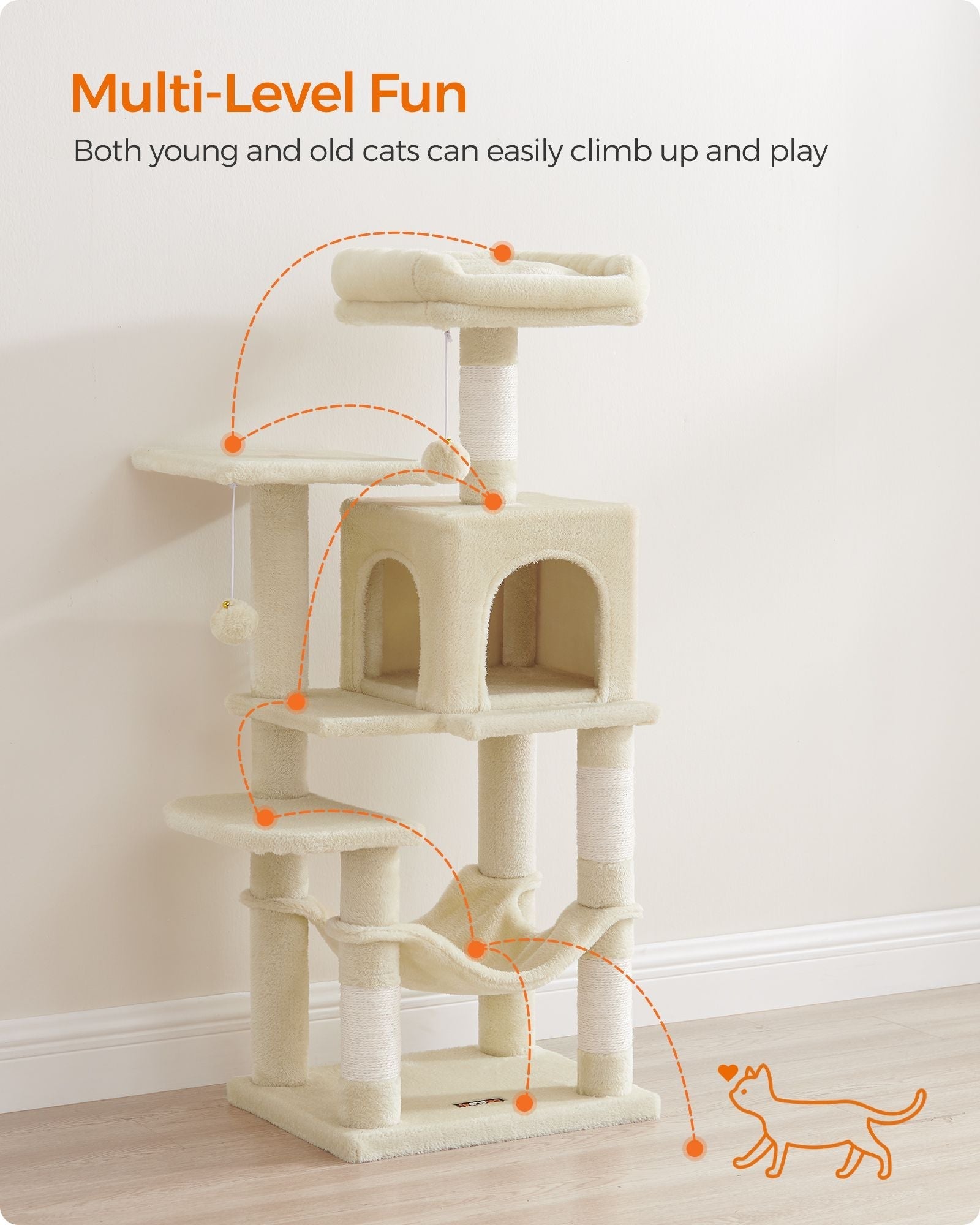 Cat Tower - Plywood - Light Grey - Multi-Level with Hammock