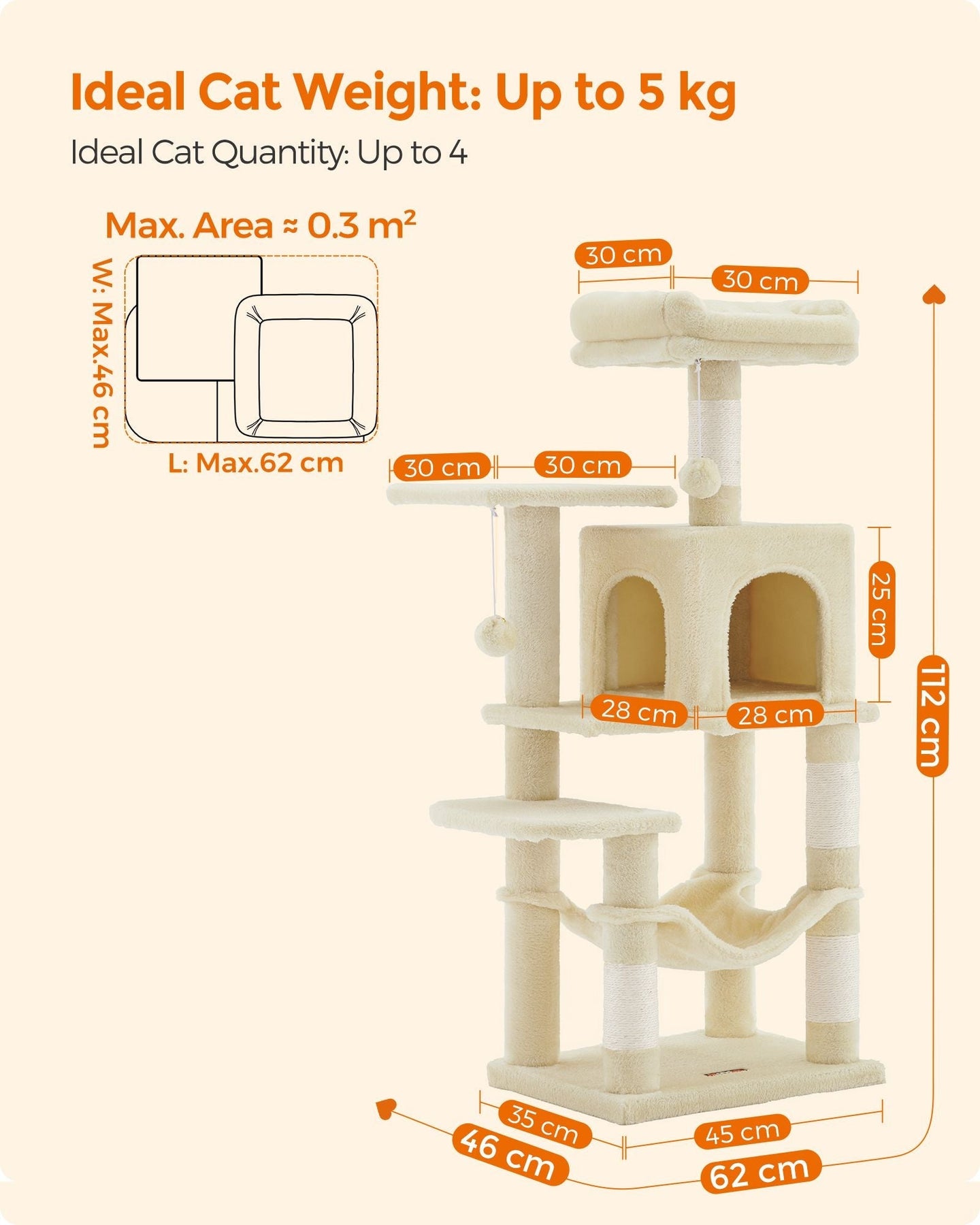 Cat Tower - Plywood - Light Grey - Multi-Level with Hammock