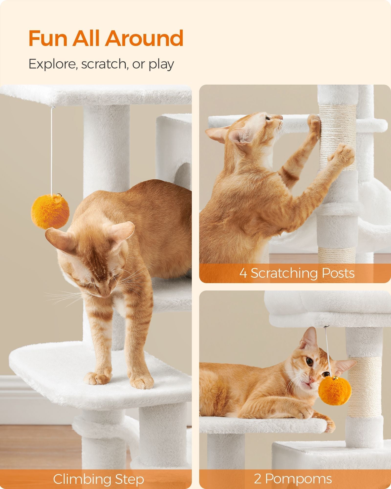 Cat Tree - 112 cm with Hammock - Wood - Light Grey
