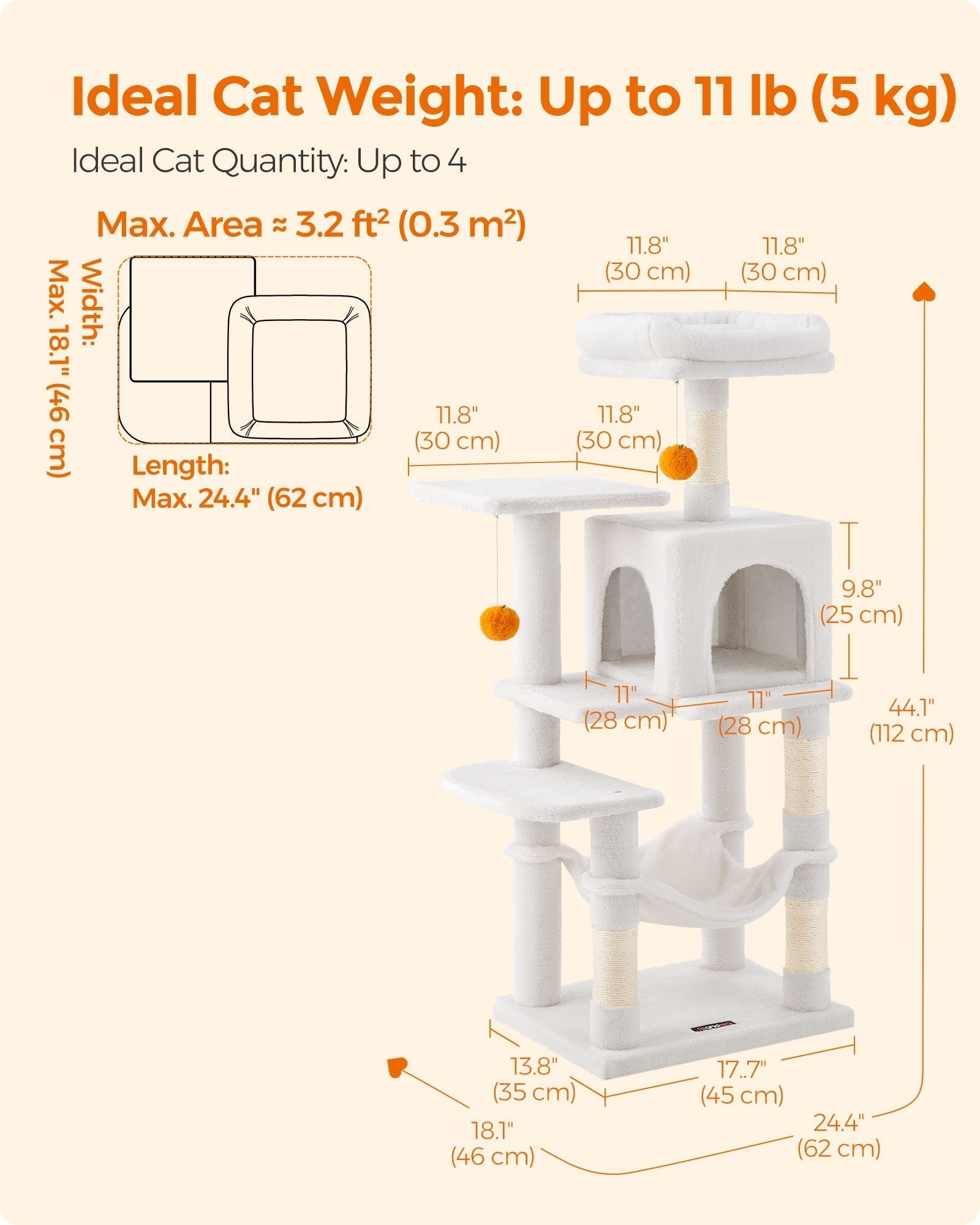 Cat Tree - 112 cm with Hammock - Wood - Light Grey