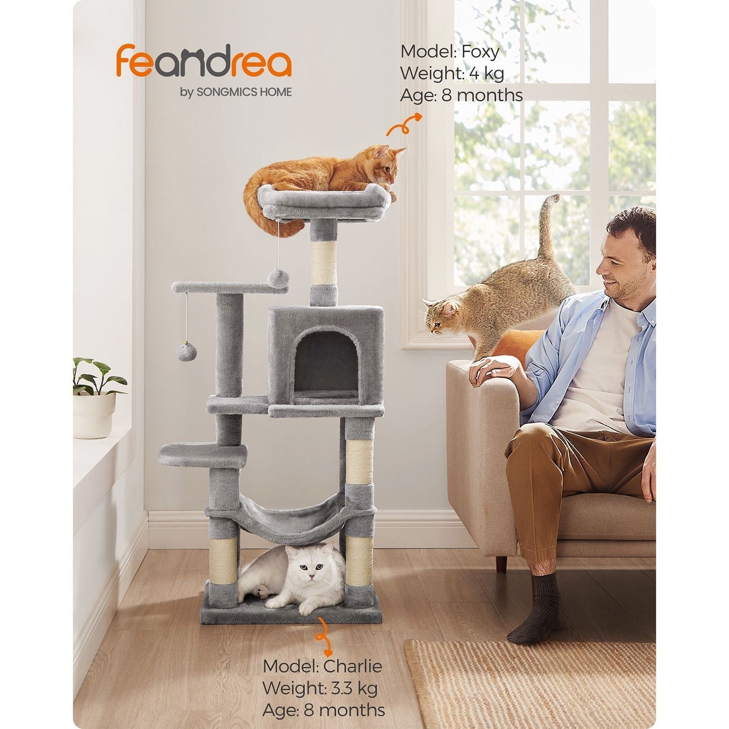 Cat Tree - Engineered Wood - Light Grey - Featuring Hammock and Condo