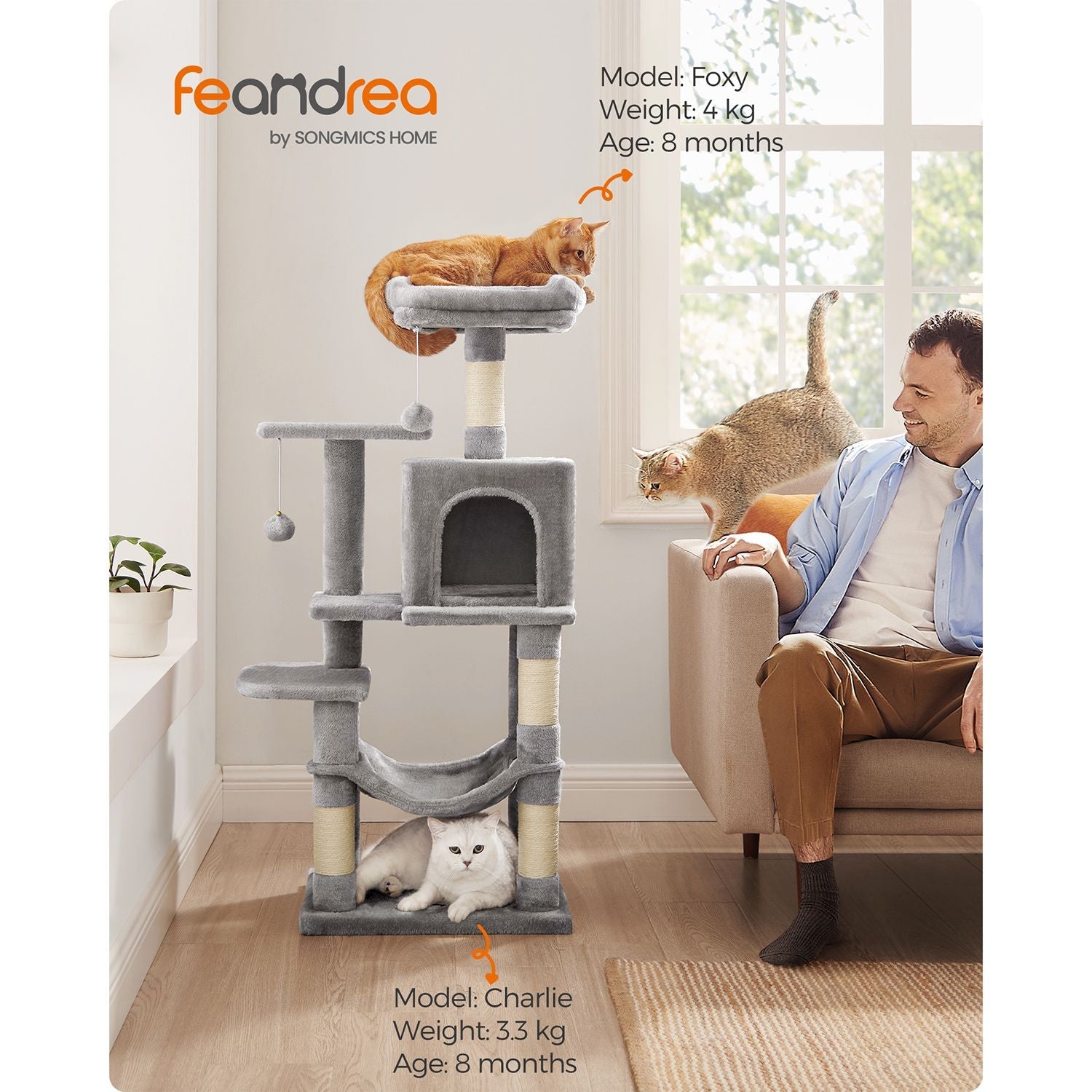 Cat Tree - Engineered Wood - Light Grey - Featuring Hammock and Condo