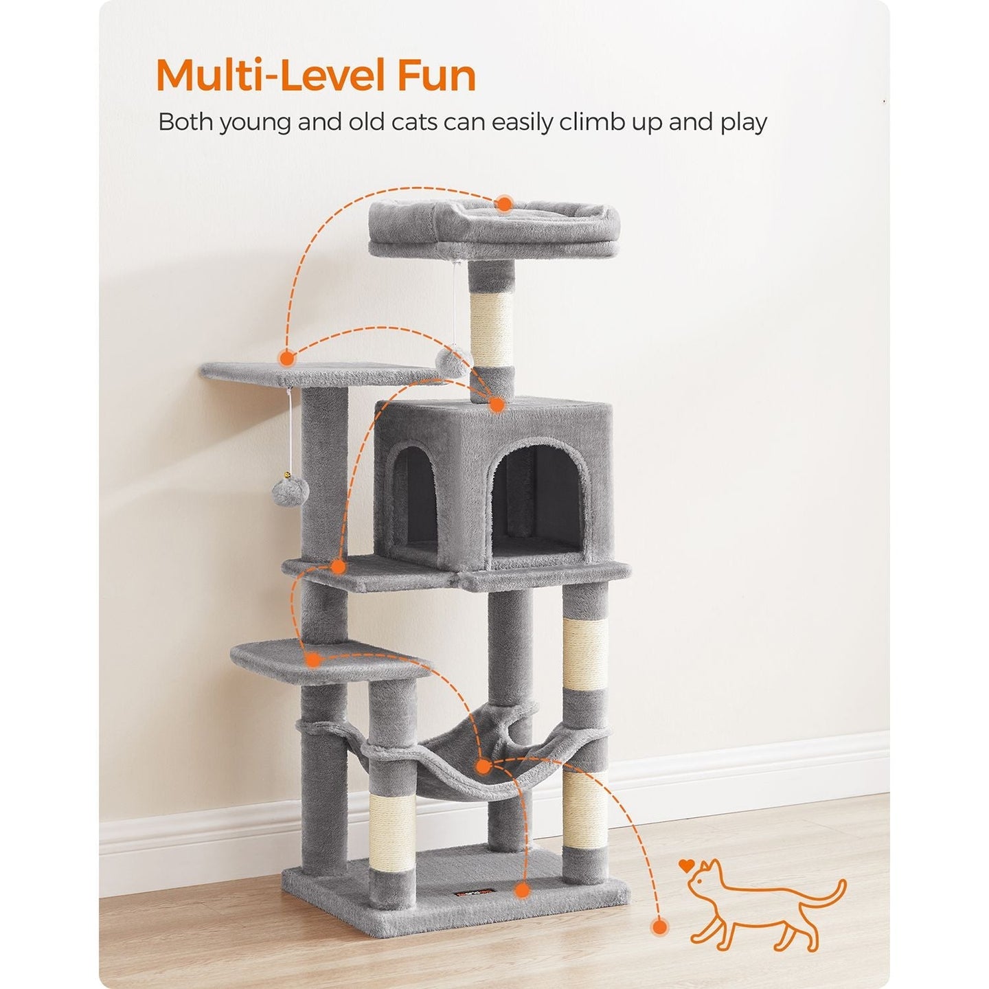 Cat Tree - Engineered Wood - Light Grey - Featuring Hammock and Condo