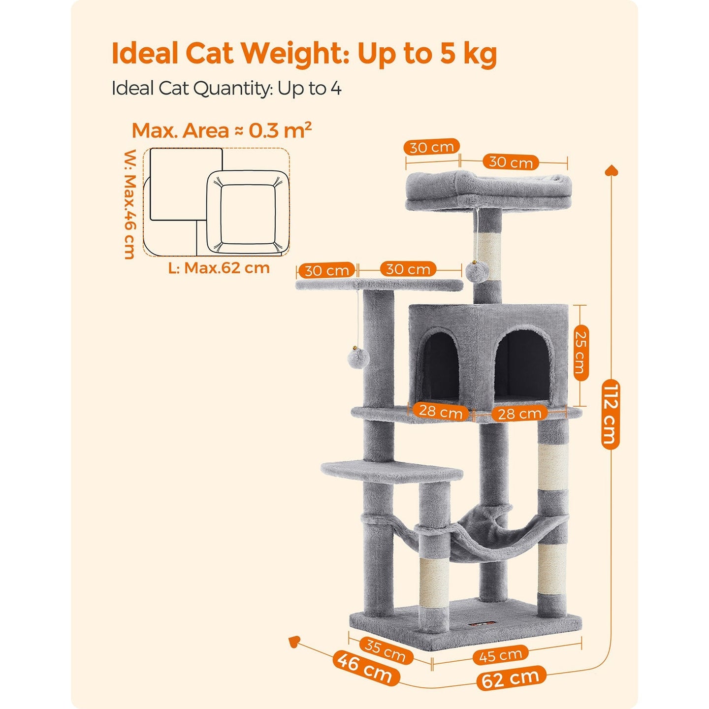 Cat Tree - Engineered Wood - Light Grey - Featuring Hammock and Condo