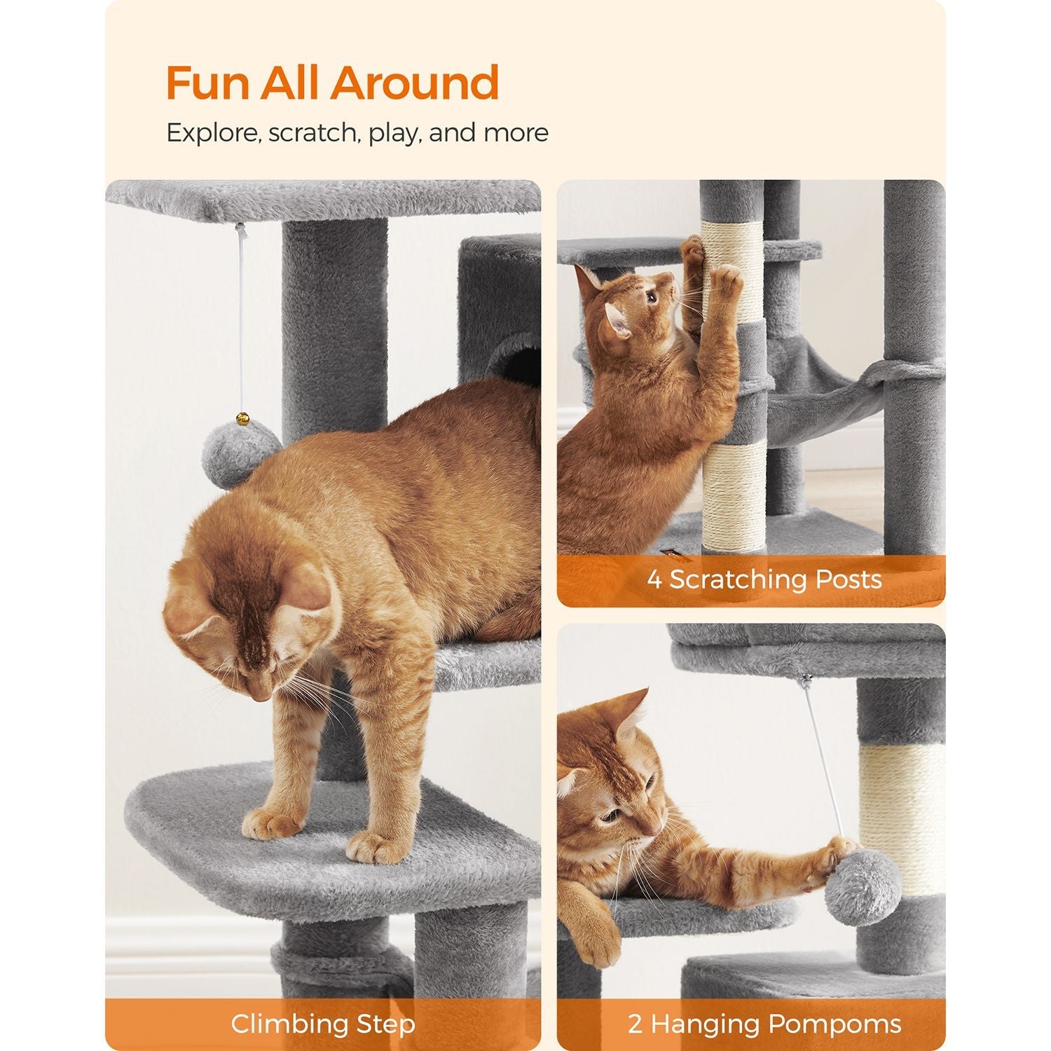 Cat Tree - Engineered Wood - Light Grey - Featuring Hammock and Condo