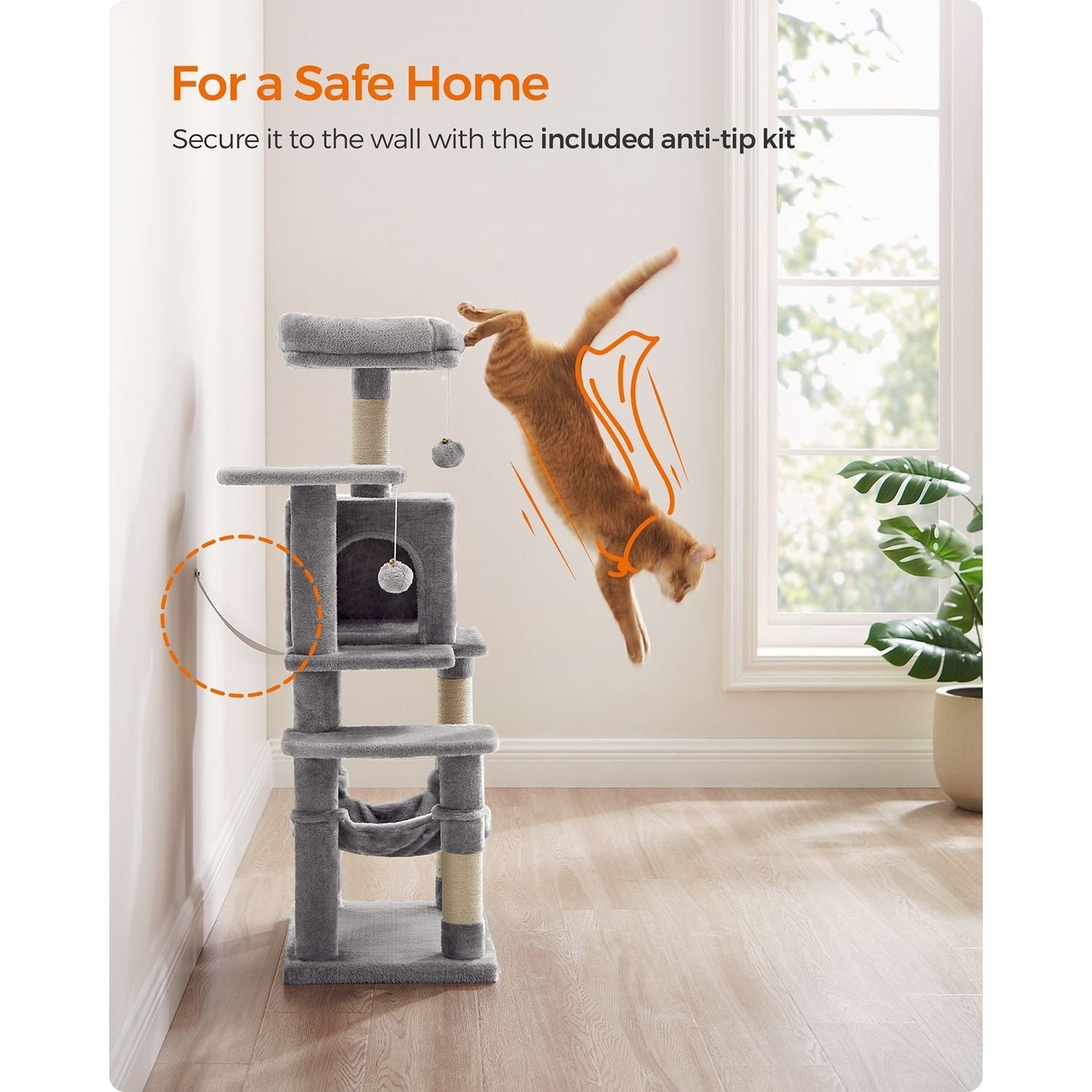 Cat Tree - Engineered Wood - Light Grey - Featuring Hammock and Condo