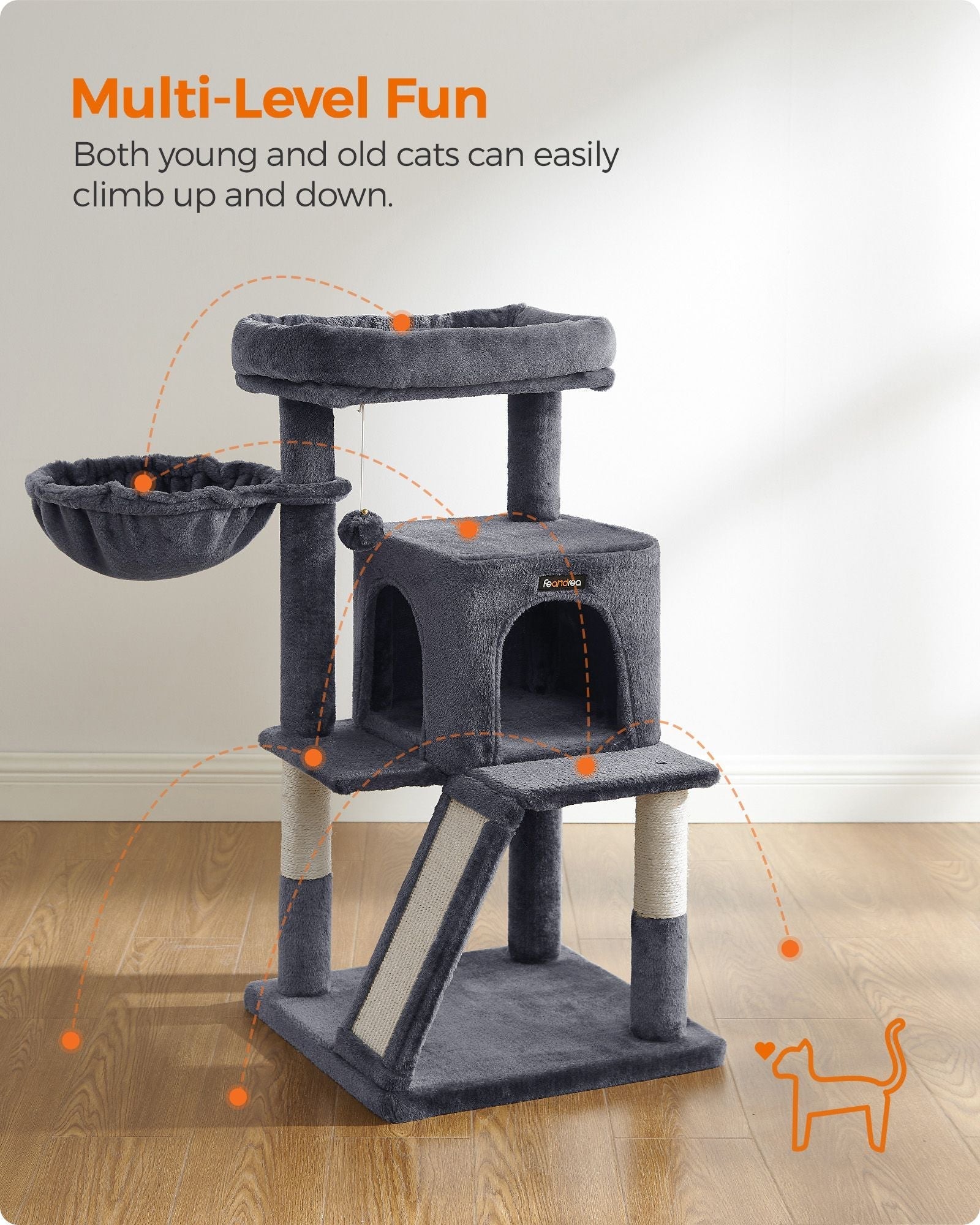 Cat Tree - PCT51W - Light Grey - Multiple Levels with Scratching Board