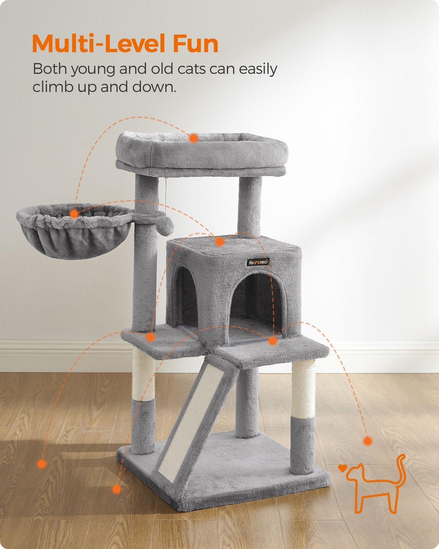 Cat Tree - Plywood - Light Grey - Multi-Level with Scratching Board