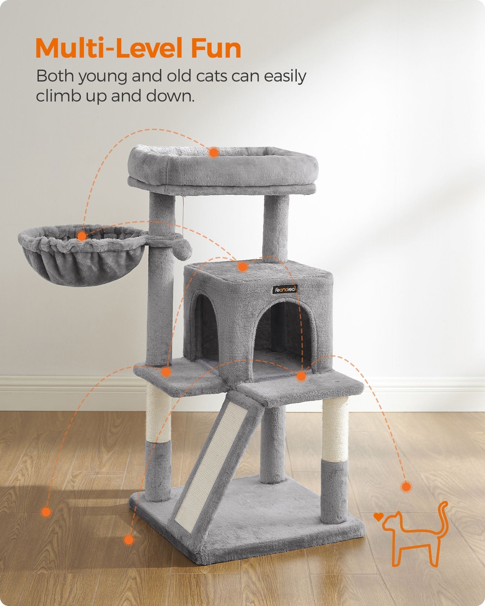 Cat Tree - Plywood - Light Grey - Multi-Level with Scratching Board