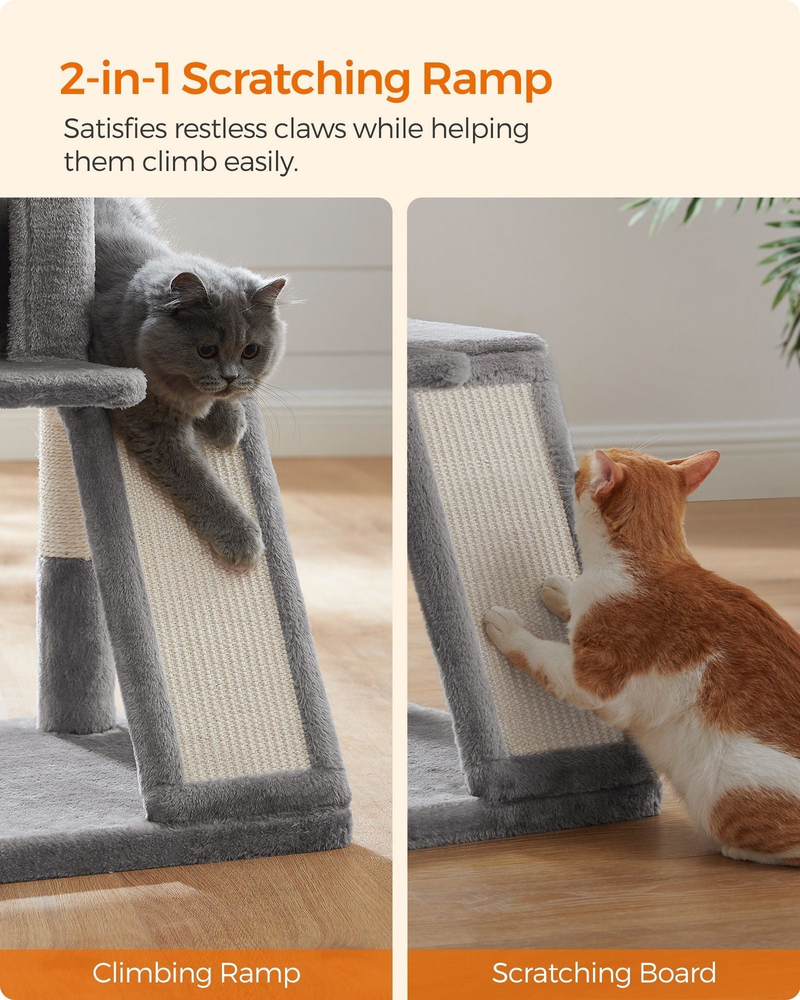 Cat Tree - Plywood - Light Grey - Multi-Level with Scratching Board