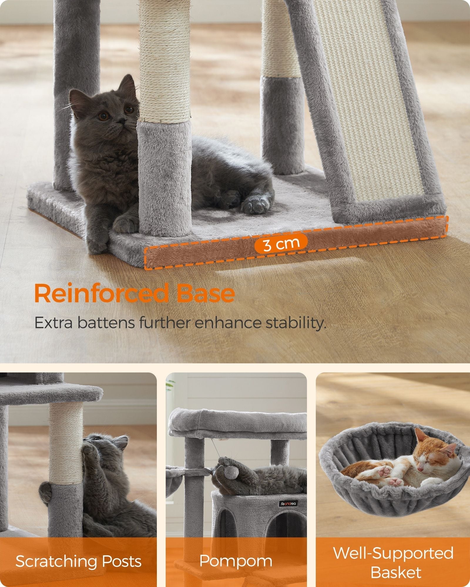 Cat Tree - Plywood - Light Grey - Multi-Level with Scratching Board