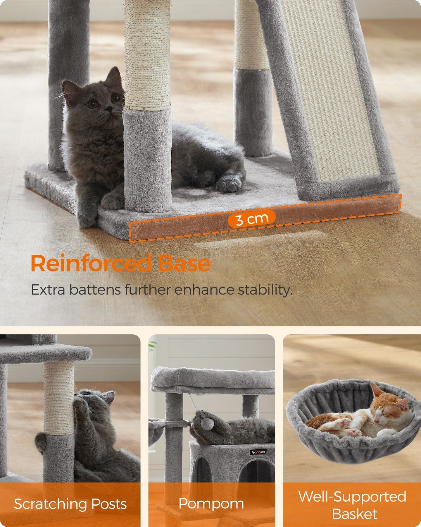 Cat Tree - Plywood - Light Grey - Multi-Level with Scratching Board
