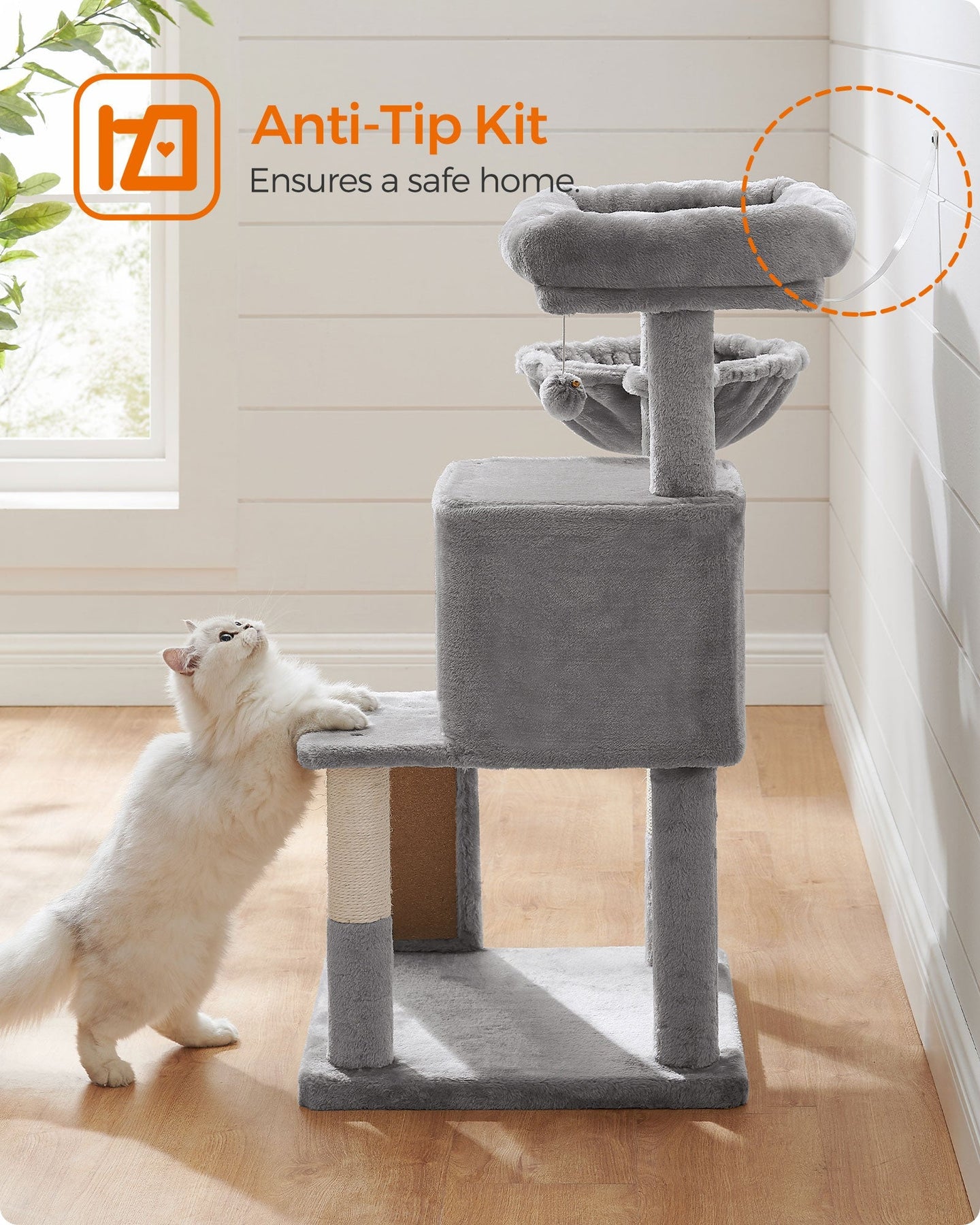 Cat Tree - Plywood - Light Grey - Multi-Level with Scratching Board