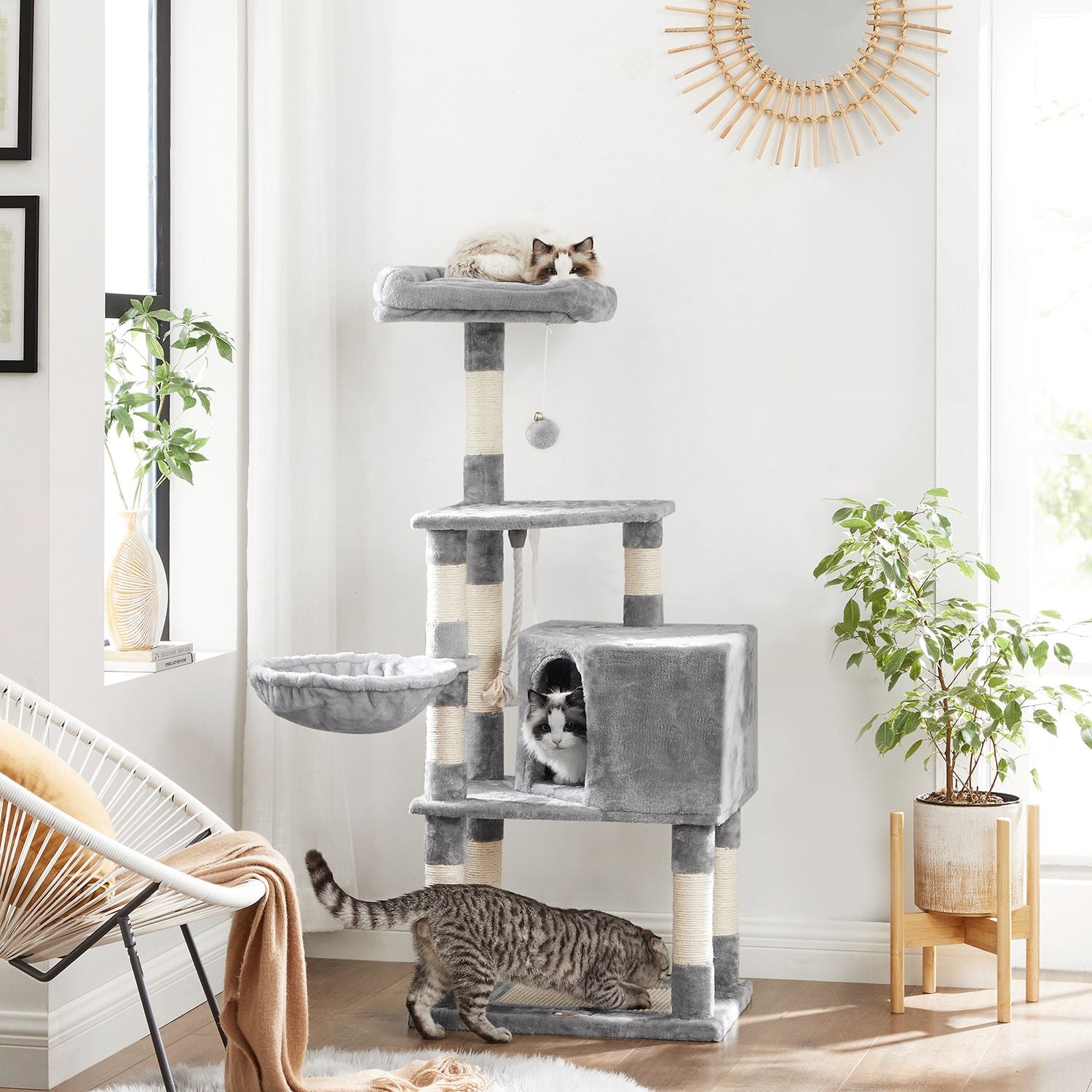 Cat Tree - Plush Fabric - Light Grey - Activity Center with Scratching Posts